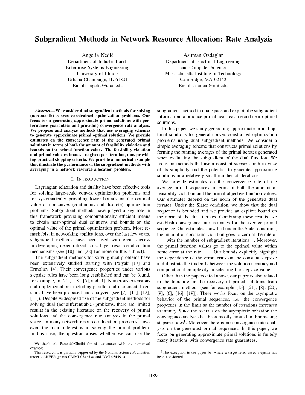 Subgradient Methods in Network Resource Allocation: Rate Analysis