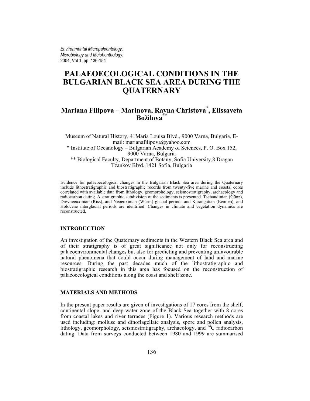 Palaeoecological Conditions in the Bulgarian Black Sea Area During the Quaternary