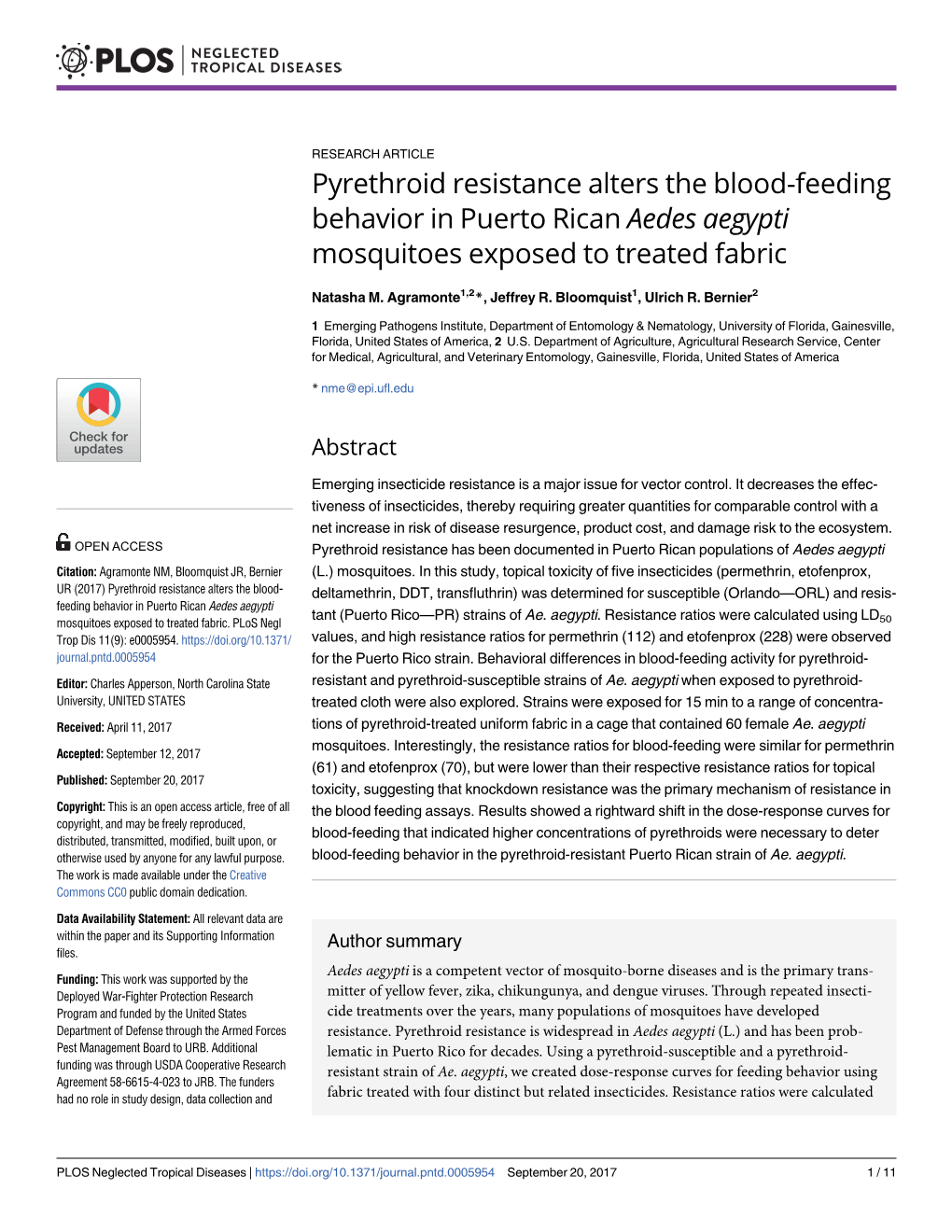 Pyrethroid Resistance Alters the Blood-Feeding Behavior in Puerto Rican Aedes Aegypti Mosquitoes Exposed to Treated Fabric