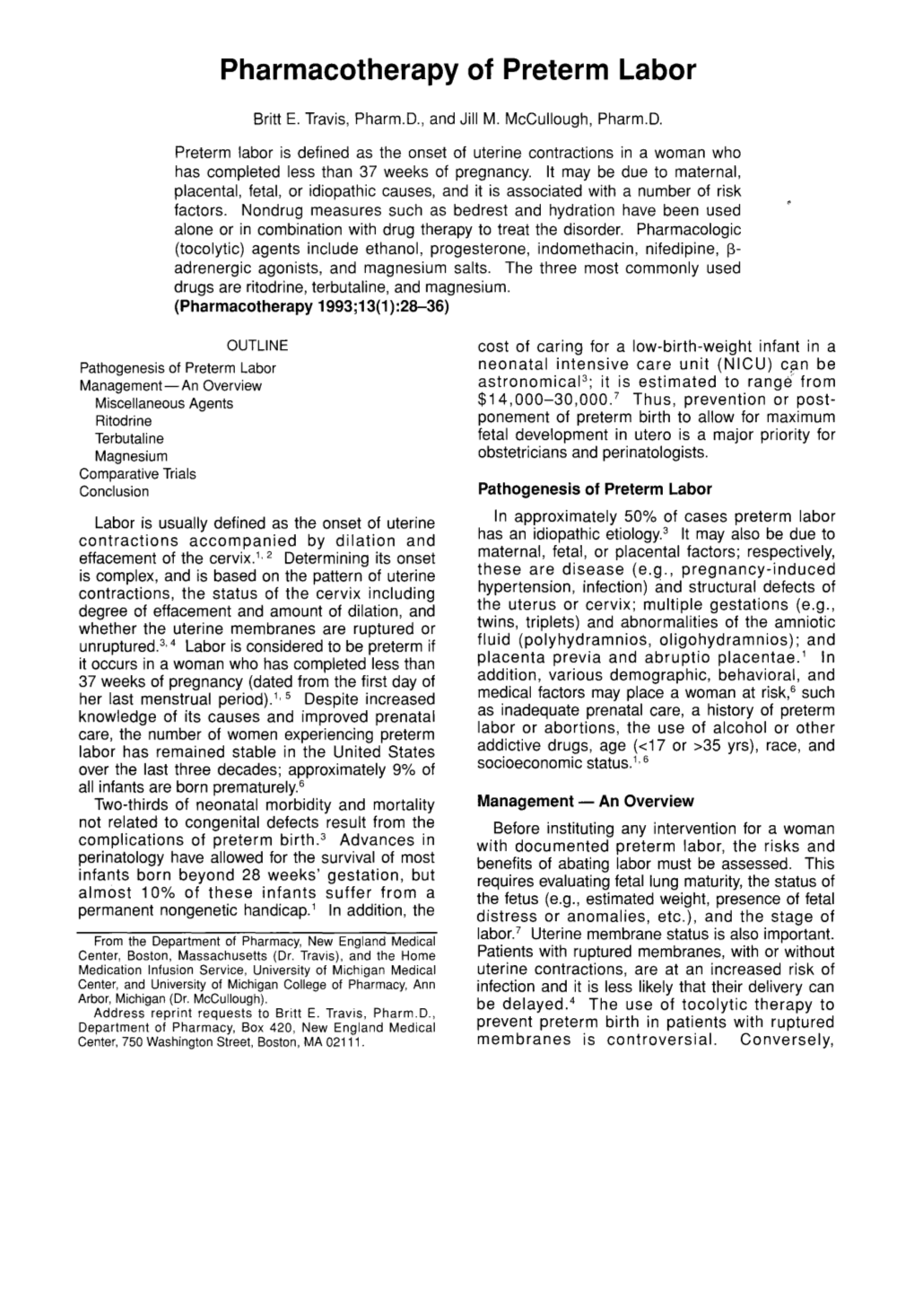 Pharmacotherapy of Preterm Labor