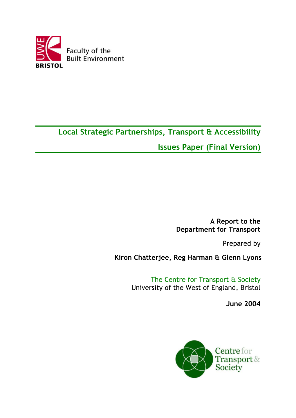 Local Strategic Partnerships, Transport & Accessibility Issues Paper