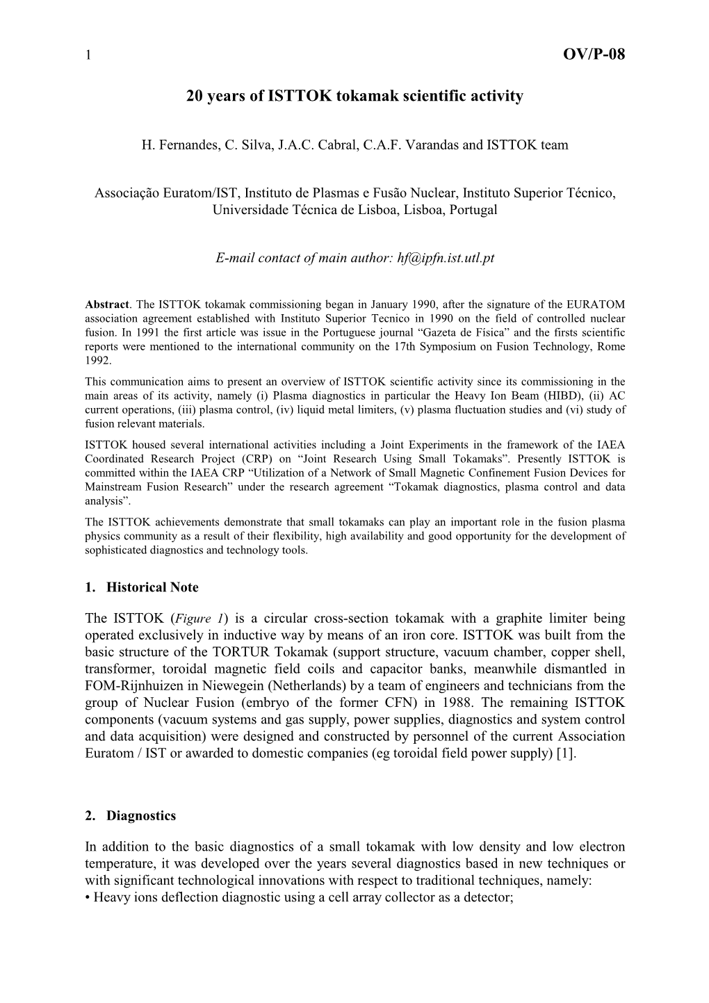 OV/P-08 20 Years of ISTTOK Tokamak Scientific Activity