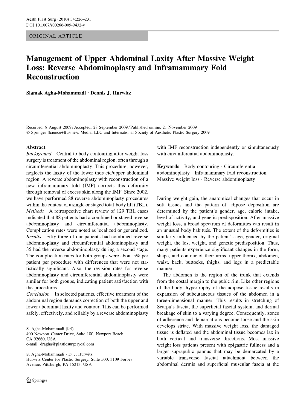 Management of Upper Abdominal Laxity After Massive Weight Loss: Reverse Abdominoplasty and Inframammary Fold Reconstruction