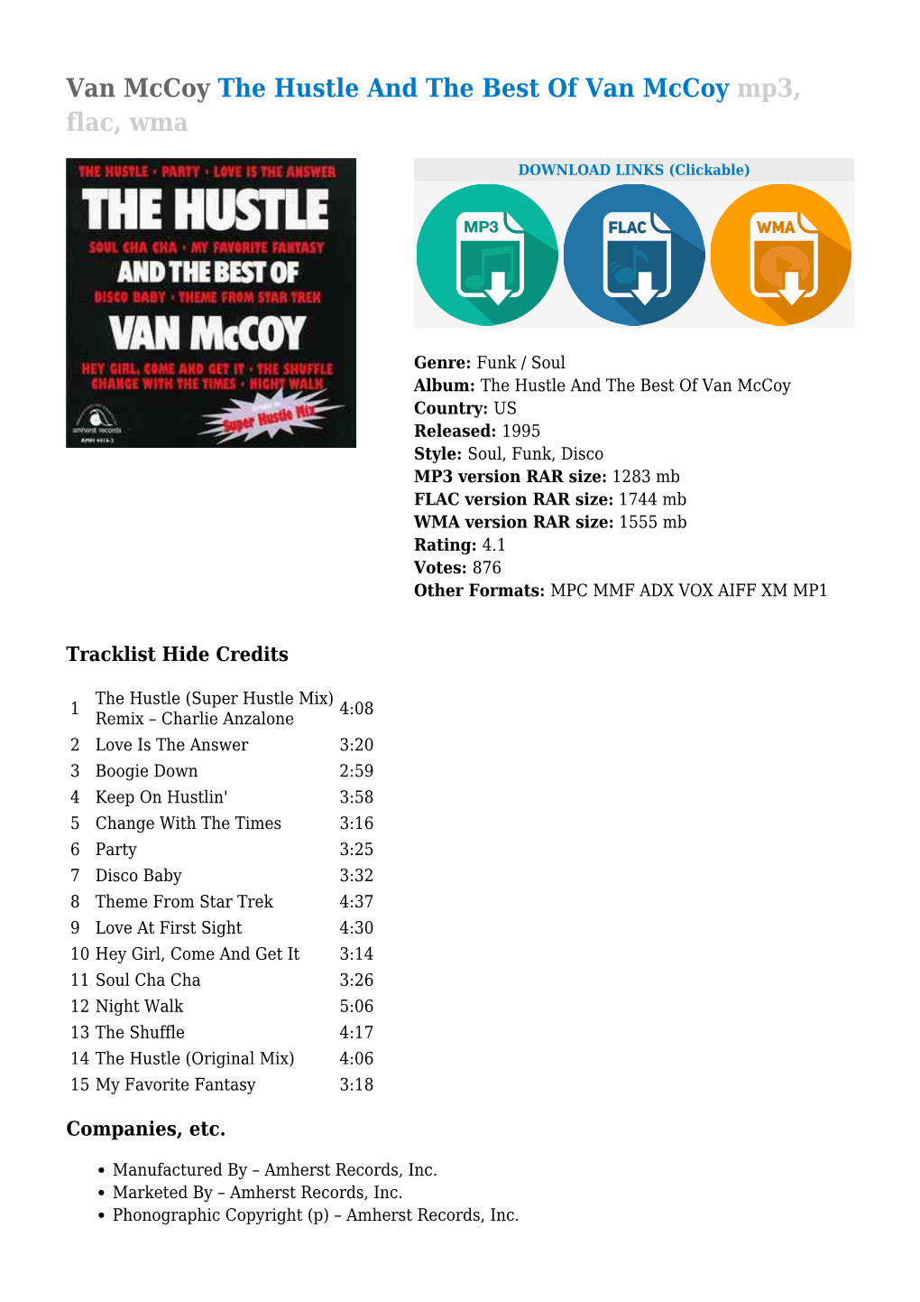 Van Mccoy the Hustle and the Best of Van Mccoy Mp3, Flac, Wma