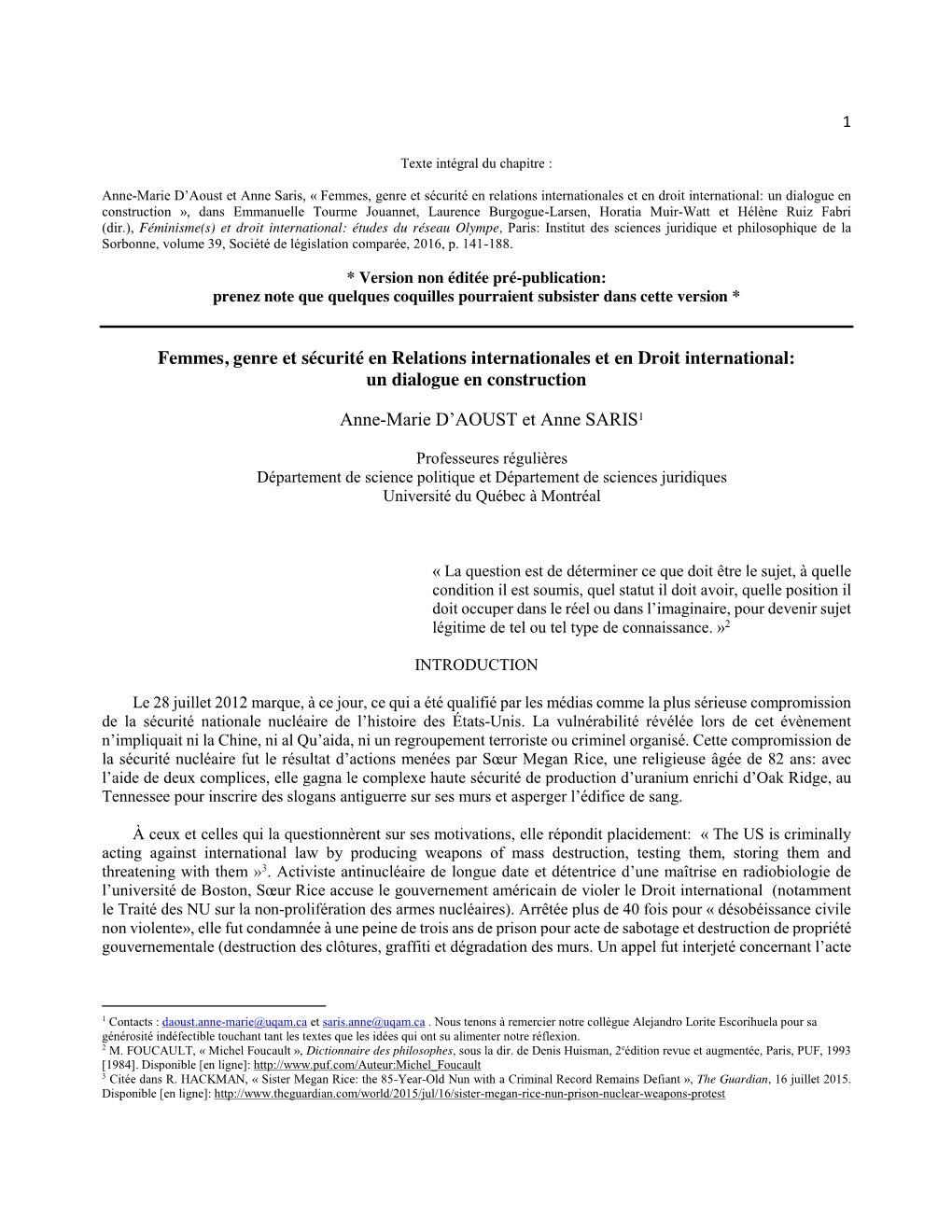 Femmes, Genre Et Sécurité En Relations Internationales Et En Droit