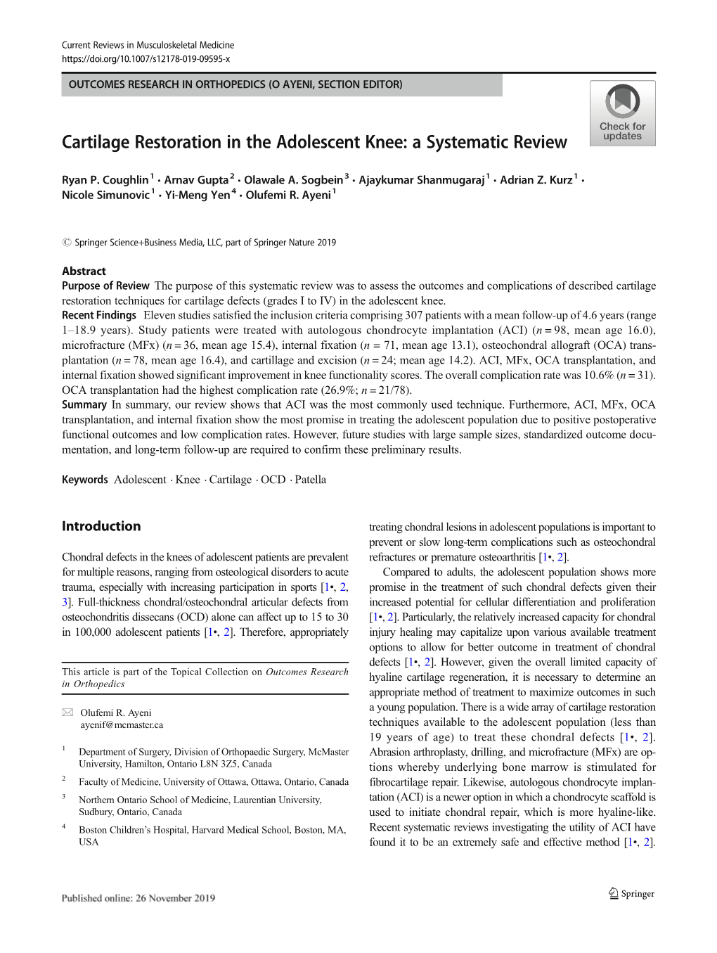 Cartilage Restoration in the Adolescent Knee: a Systematic Review