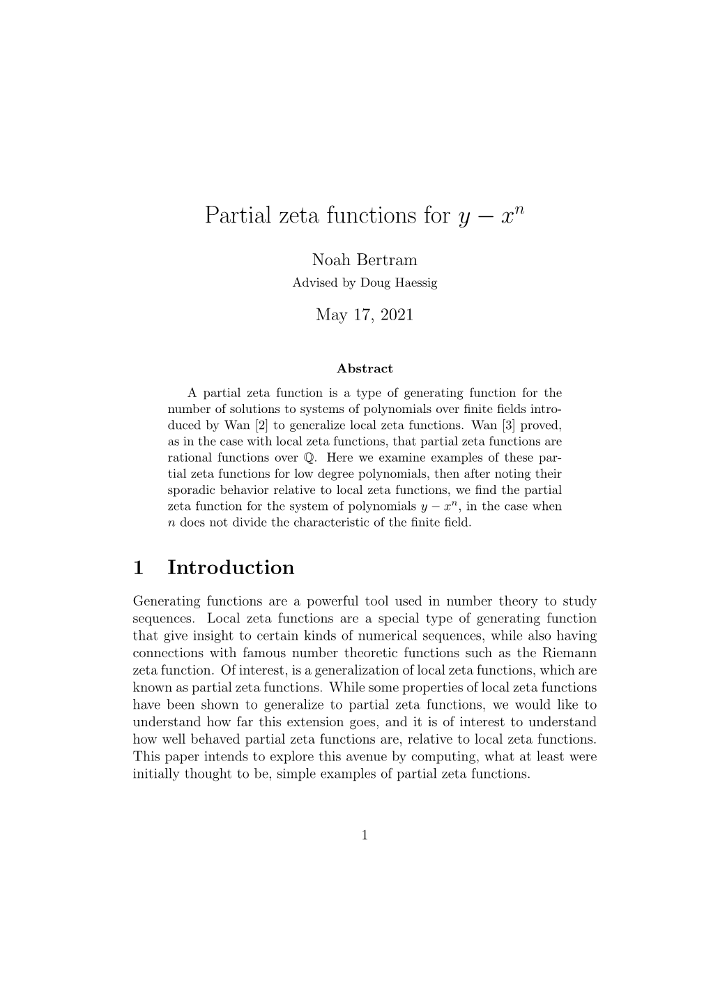 Partial Zeta Functions for Y − Xn