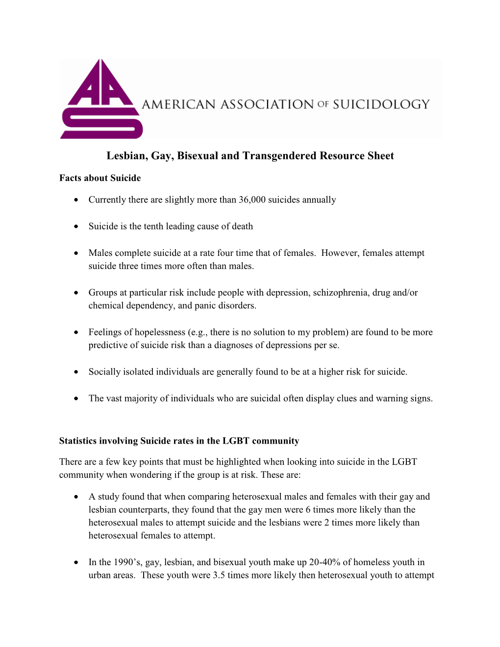 Lesbian, Gay, Bisexual, and Transgendered Resource Sheet