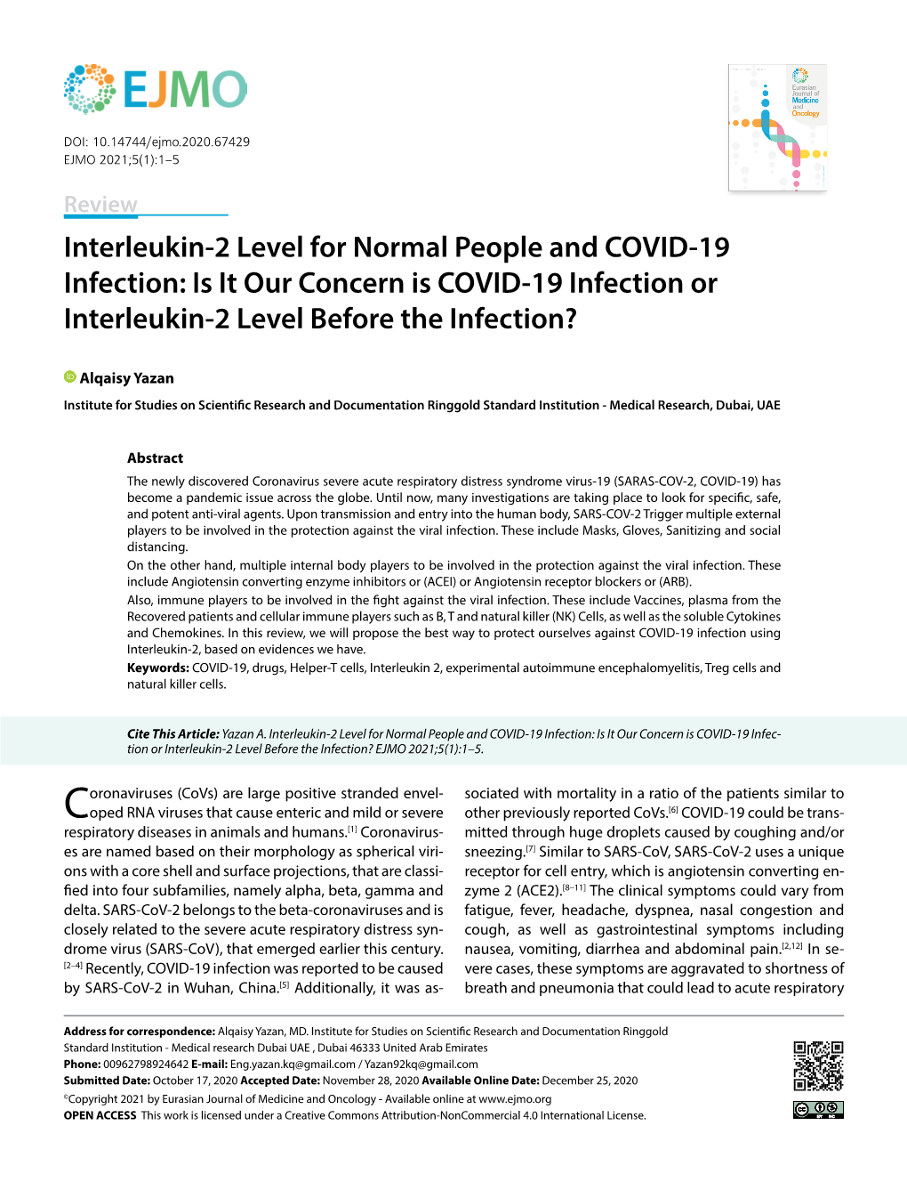 Is It Our Concern Is COVID-19 Infection Or Interleukin-2 Level Before the Infection?