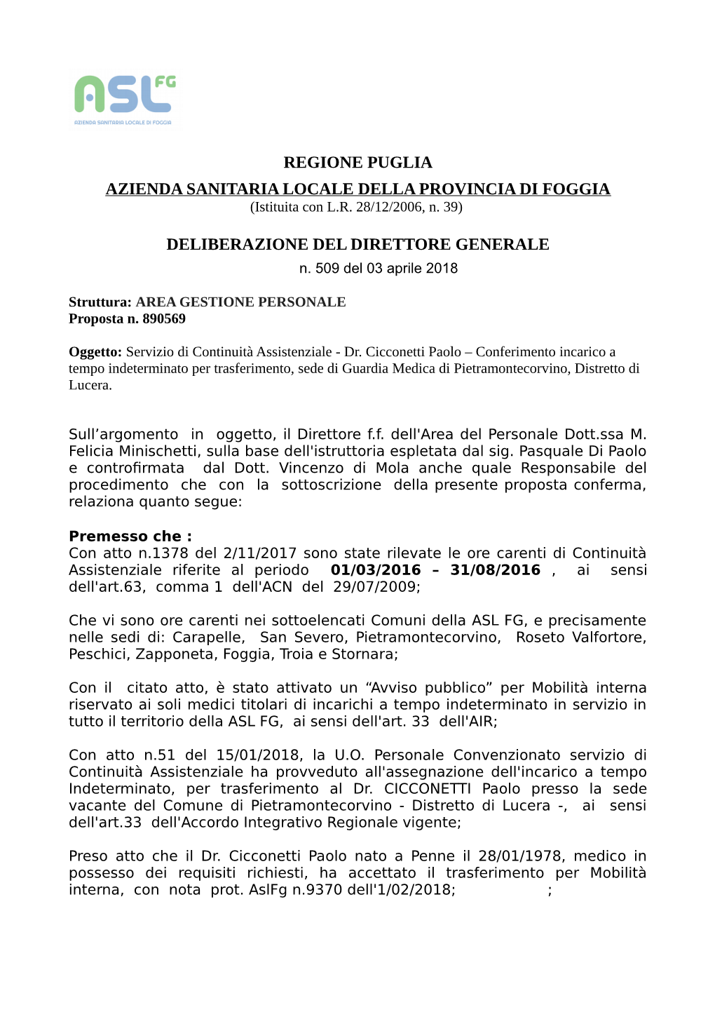 Regione Puglia Azienda Sanitaria Locale Della Provincia Di Foggia Deliberazione Del Direttore Generale