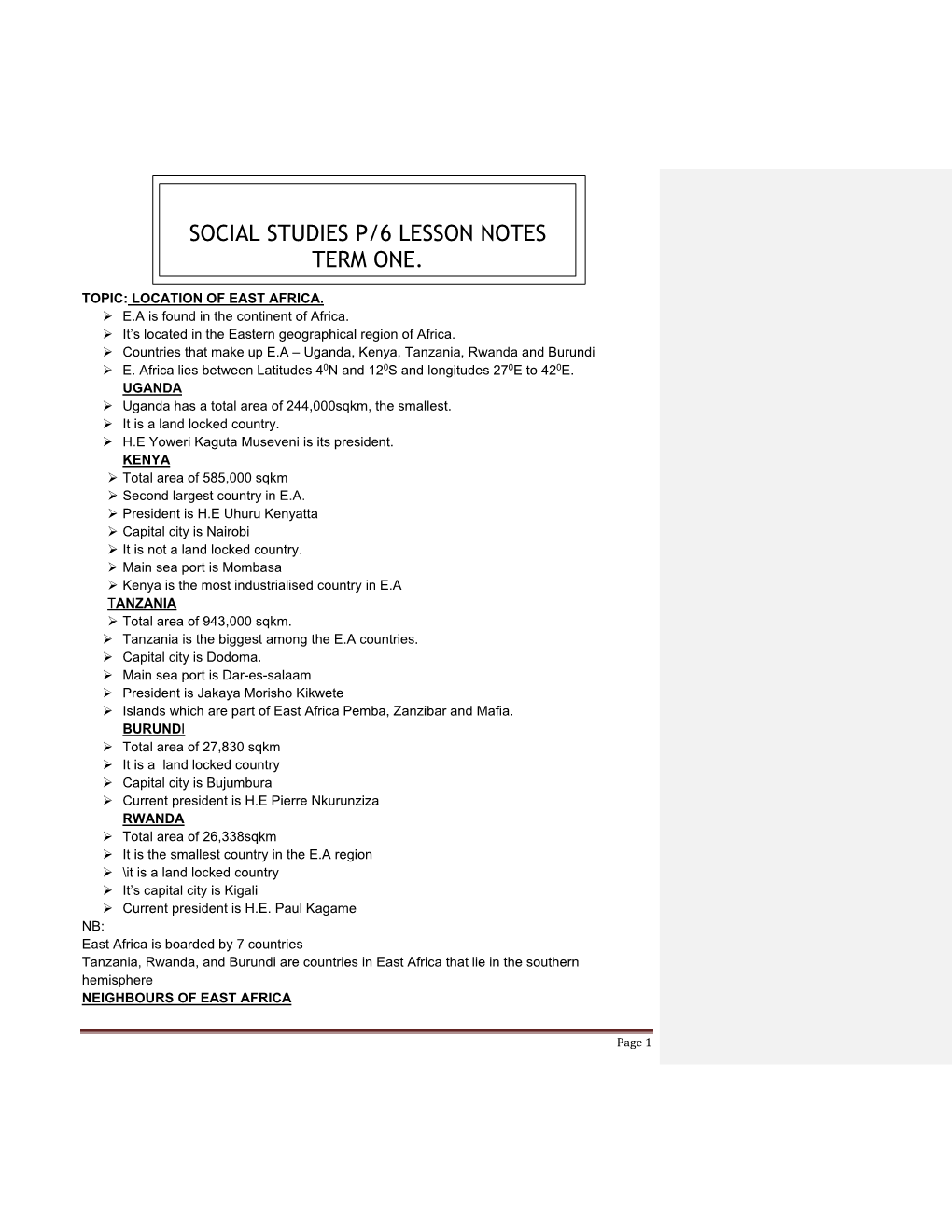 Social Studies P/6 Lesson Notes Term One