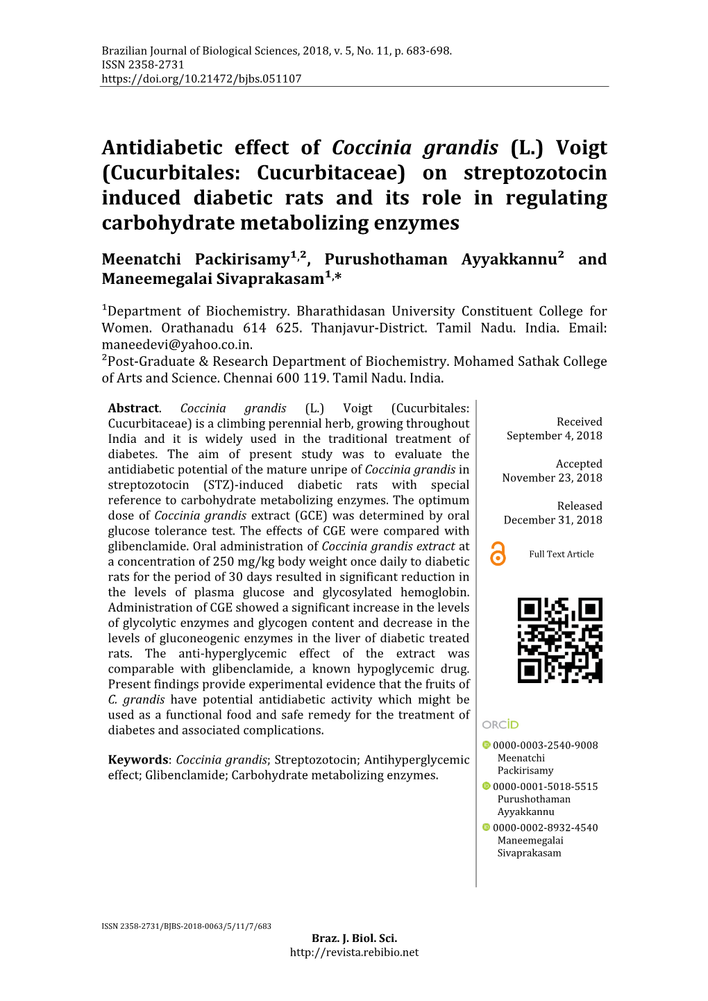 Antidiabetic Effect of Coccinia Grandis (L.) Voigt (Cucurbitales: Cucurbitaceae) on Streptozotocin Induced Diabetic Rats And
