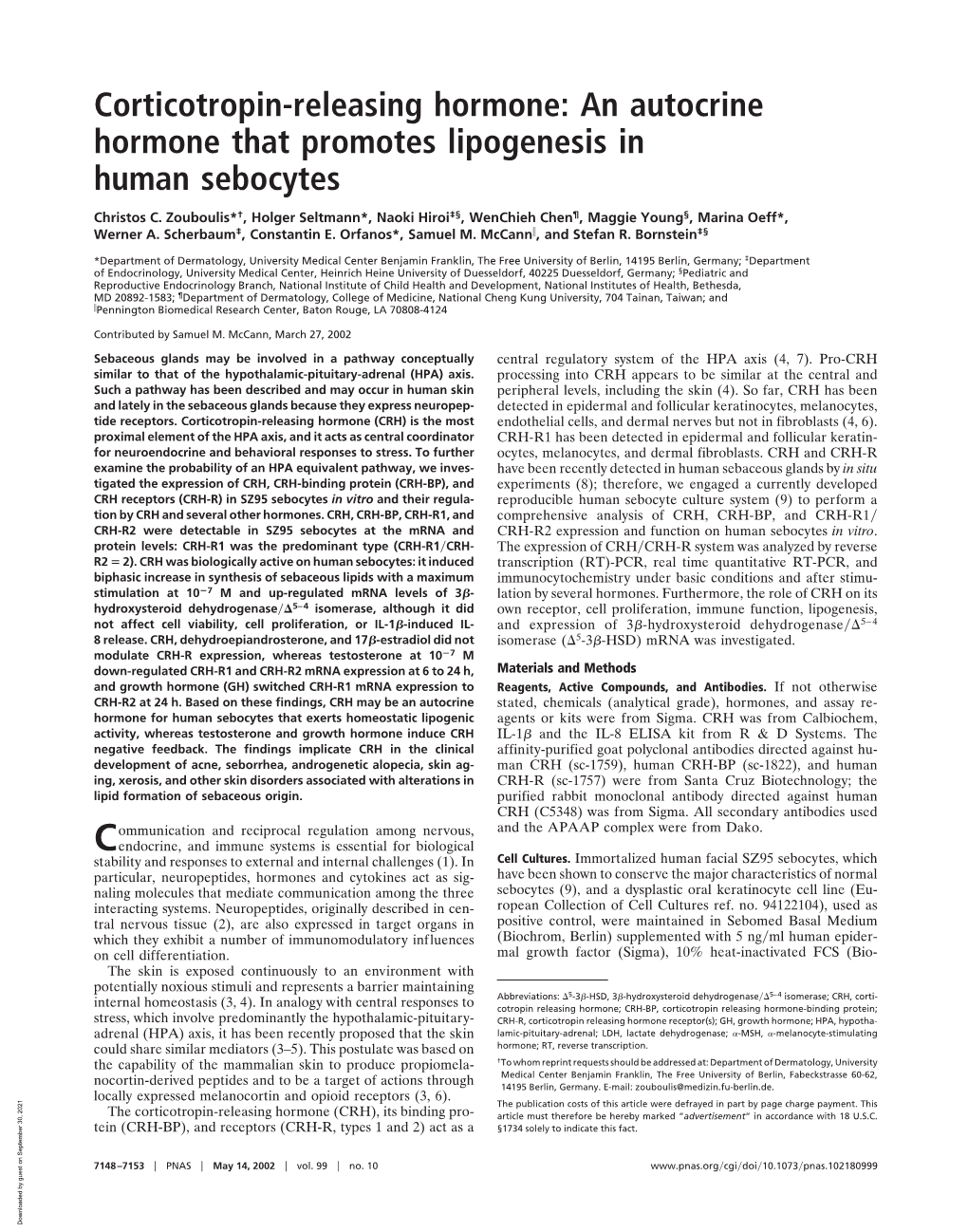 Corticotropin-Releasing Hormone: an Autocrine Hormone That Promotes Lipogenesis in Human Sebocytes