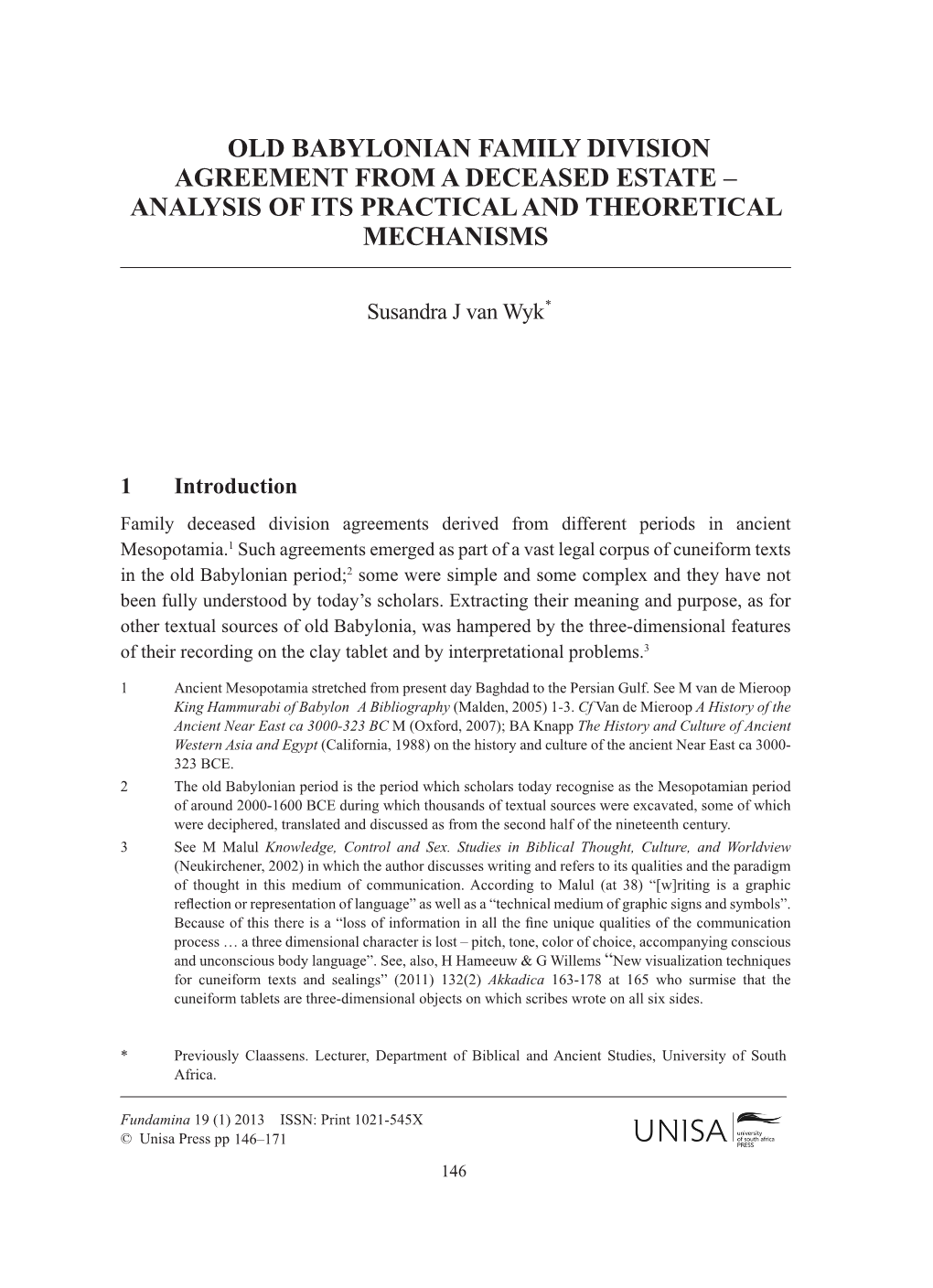 Old Babylonian Family Division Agreement from a Deceased Estate – Analysis of Its Practical and Theoretical Mechanisms