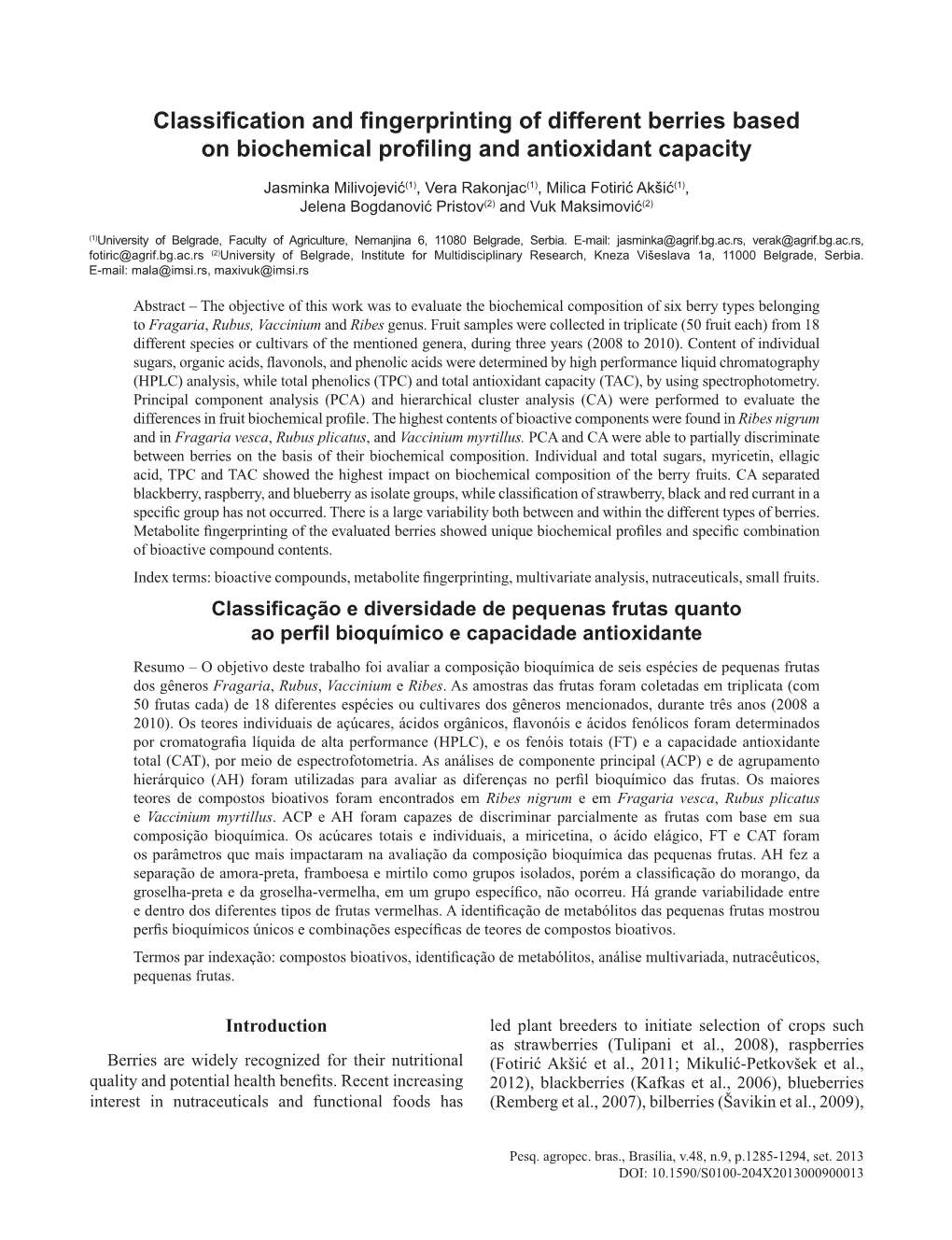 Classification and Fingerprinting of Different Berries Based on Biochemical Profiling and Antioxidant Capacity