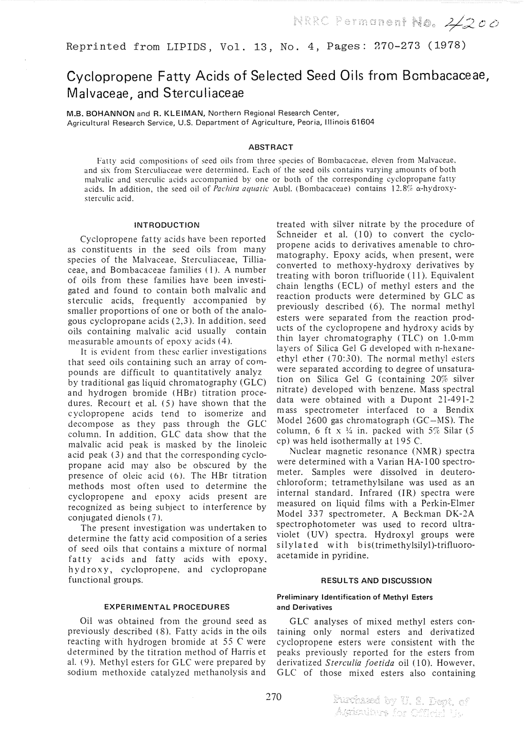 Cyclopropene Fatty Acids of Selected Seed Oils from Bombacaceae , Malvaceae, and Sterculiaceae