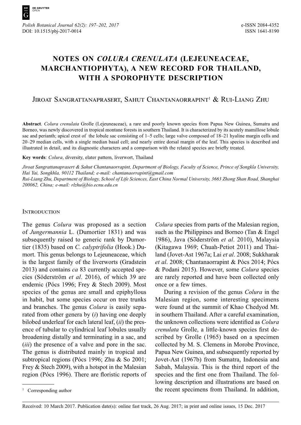 Notes on Colura Crenulata (Lejeuneaceae, Marchantiophyta), a New Record for Thailand, with a Sporophyte Description