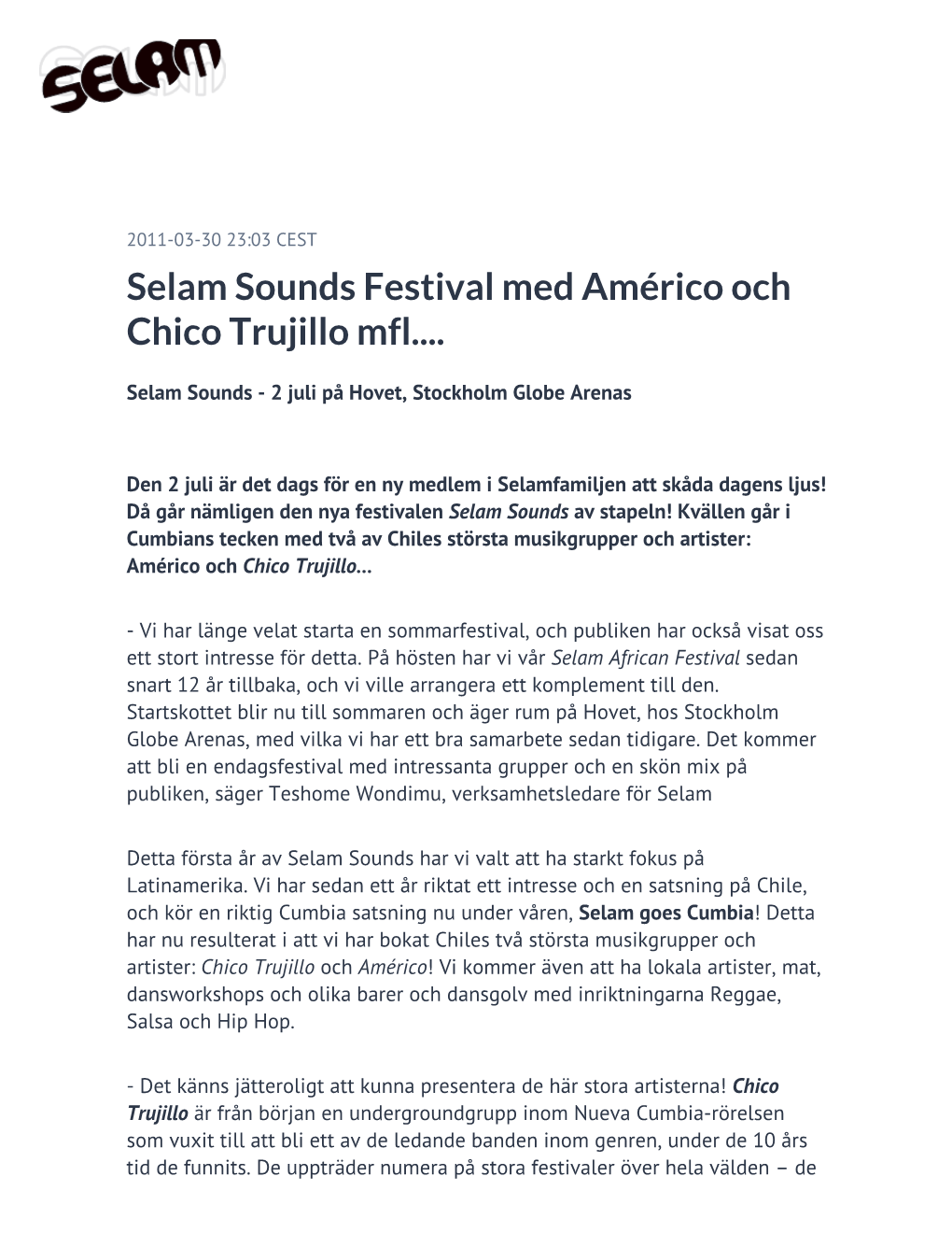 Selam Sounds Festival Med Américo Och Chico Trujillo Mfl