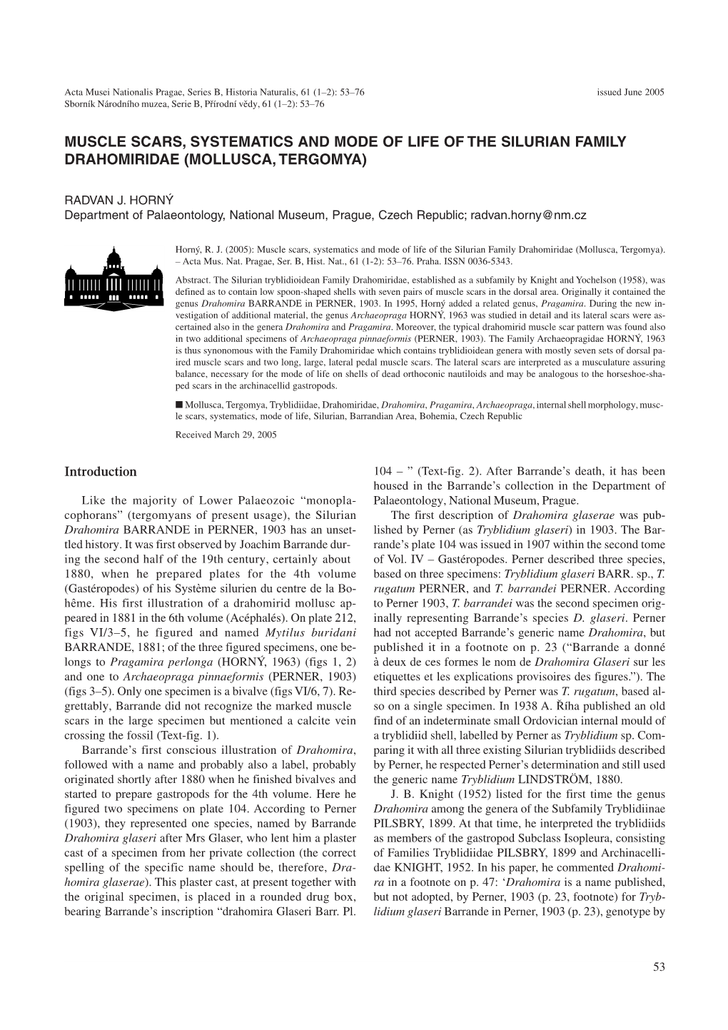 Muscle Scars, Systematics and Mode of Life of the Silurian Family Drahomiridae (Mollusca, Tergomya)