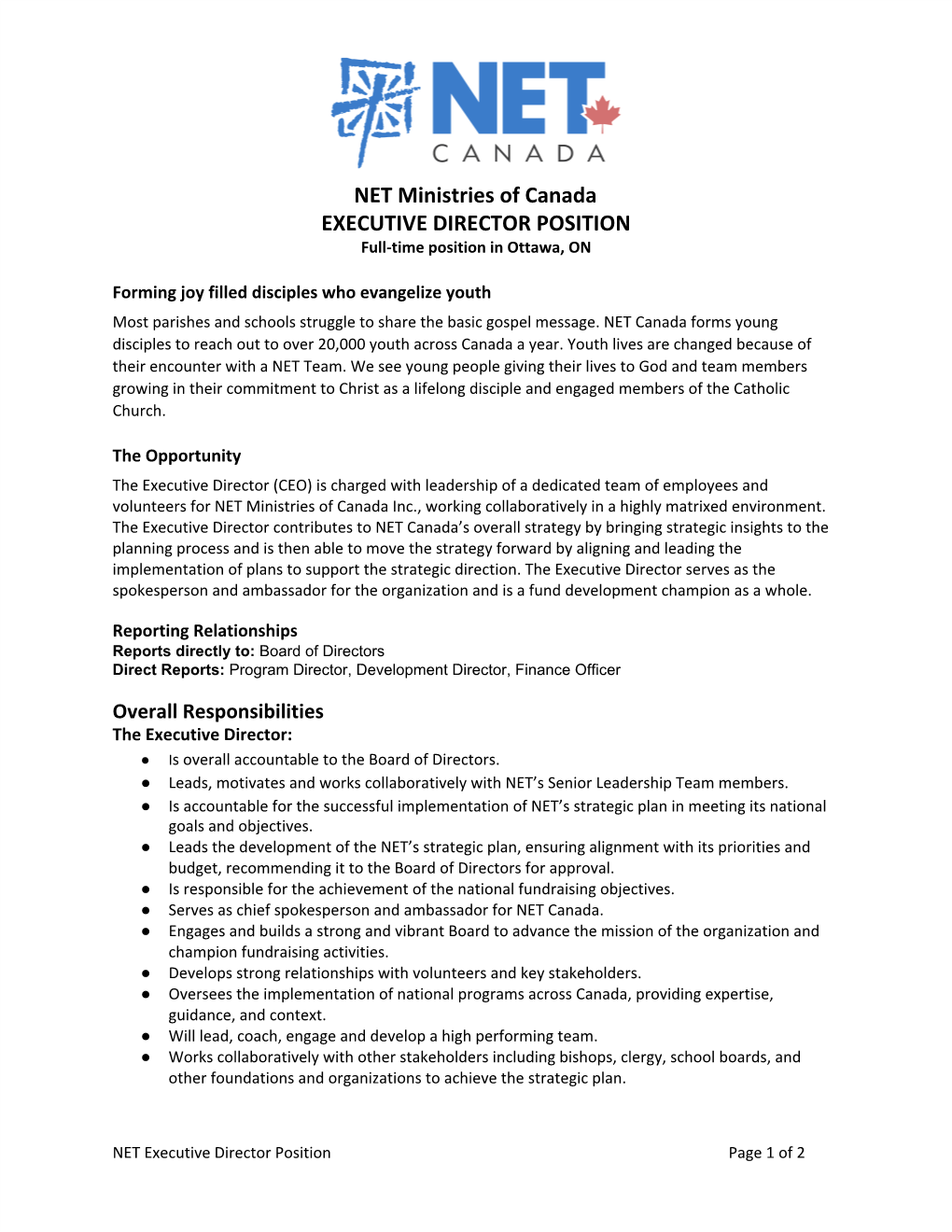 NET Ministries of Canada EXECUTIVE DIRECTOR POSITION Full-Time Position in Ottawa, ON