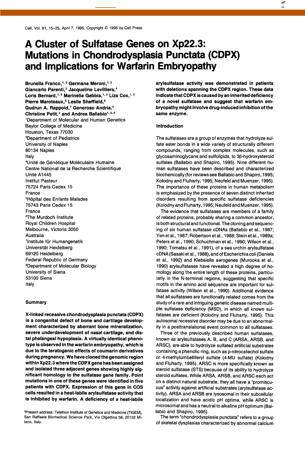 A Cluster of Sulfatase Genes on Xp22.3: Mutations in Chondrodysplasia Punctata (CDPX) and Implications for Warfarin Embryopathy