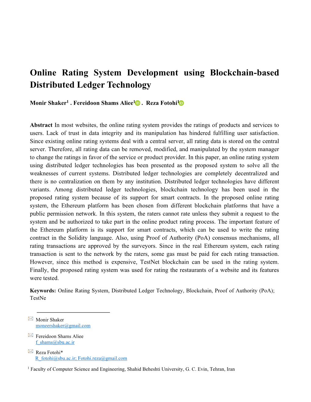 Online Rating System Development Using Blockchain-Based Distributed Ledger Technology