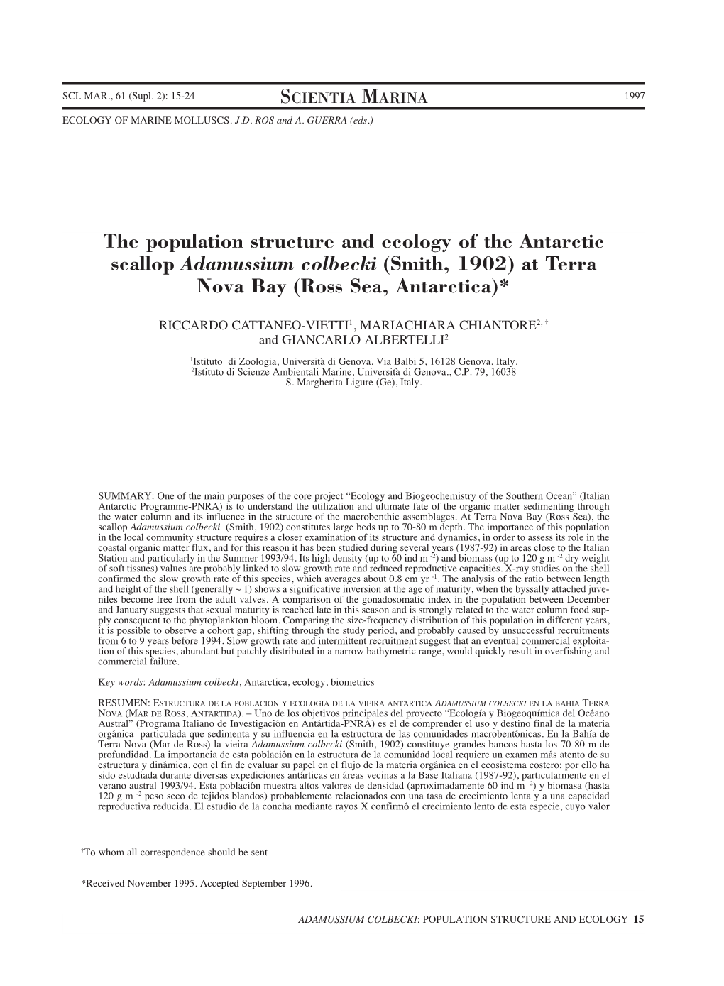 The Population Structure and Ecology of the Antarctic Scallop Adamussium Colbecki (Smith, 1902) at Terra Nova Bay (Ross Sea, Antarctica)*