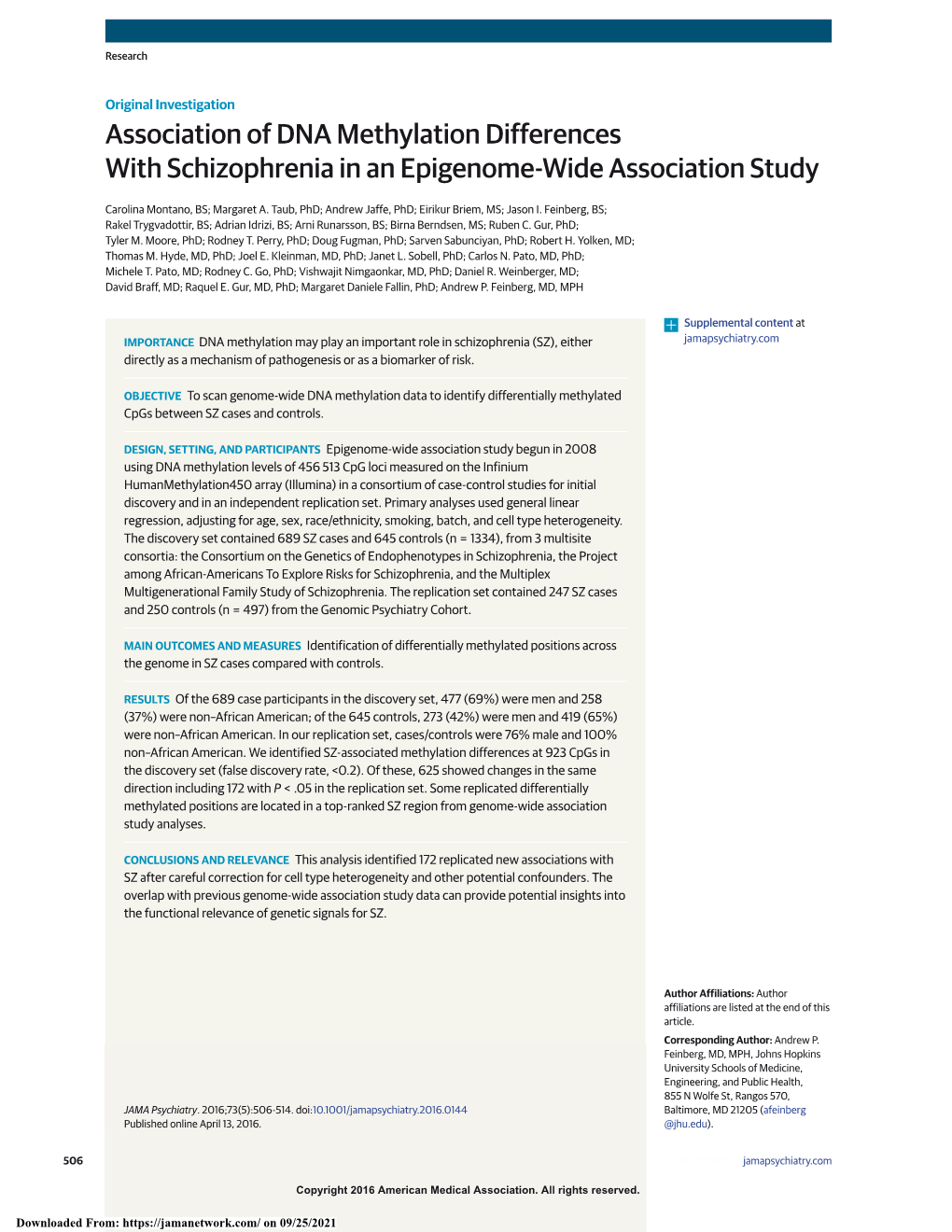 Association of DNA Methylation Differences with Schizophrenia in an Epigenome-Wide Association Study