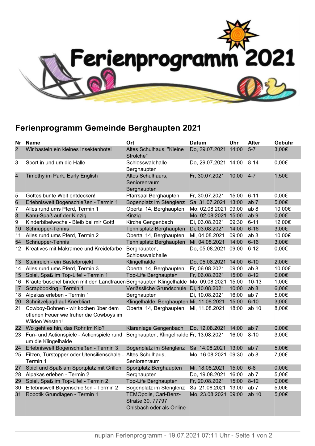 Ferienprogramm Gemeinde Berghaupten 2021