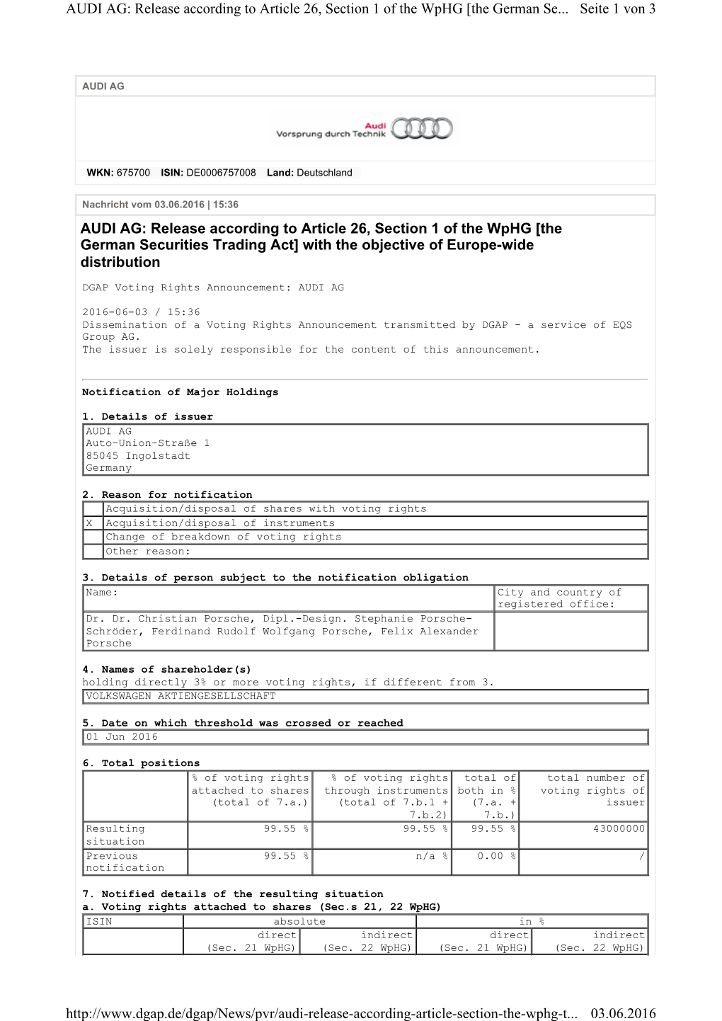 AUDI AG: Release According to Article 26, Section 1 of the Wphg [The German Se