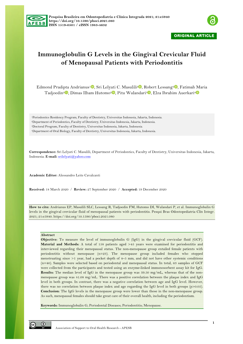 Immunoglobulin G Levels in the Gingival Crevicular Fluid of Menopausal Patients with Periodontitis