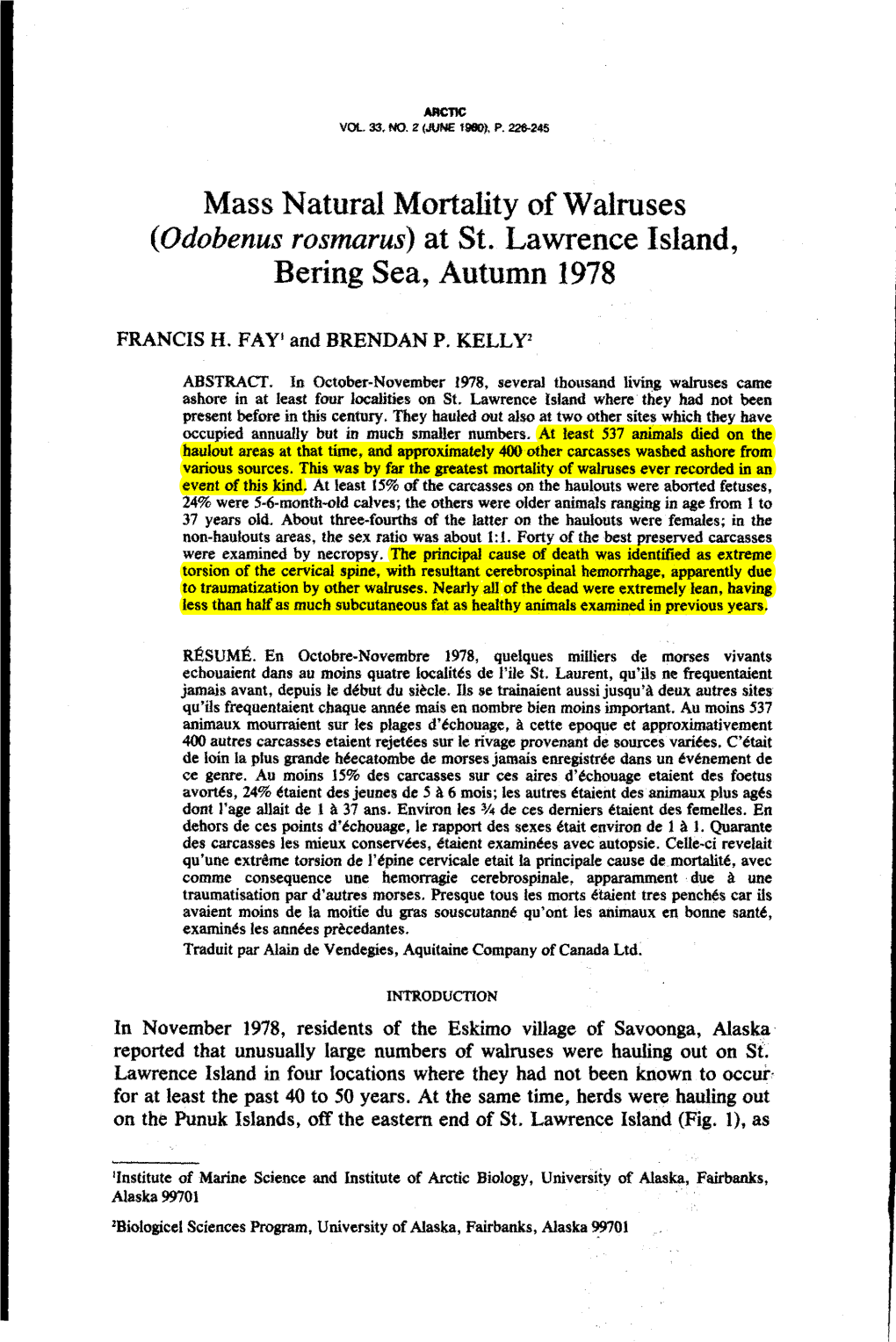 Mass Natural Mortality of Walruses (Odobenus Rosmarus) at St. Lawrence Island, Bering Sea, Autumn 1978