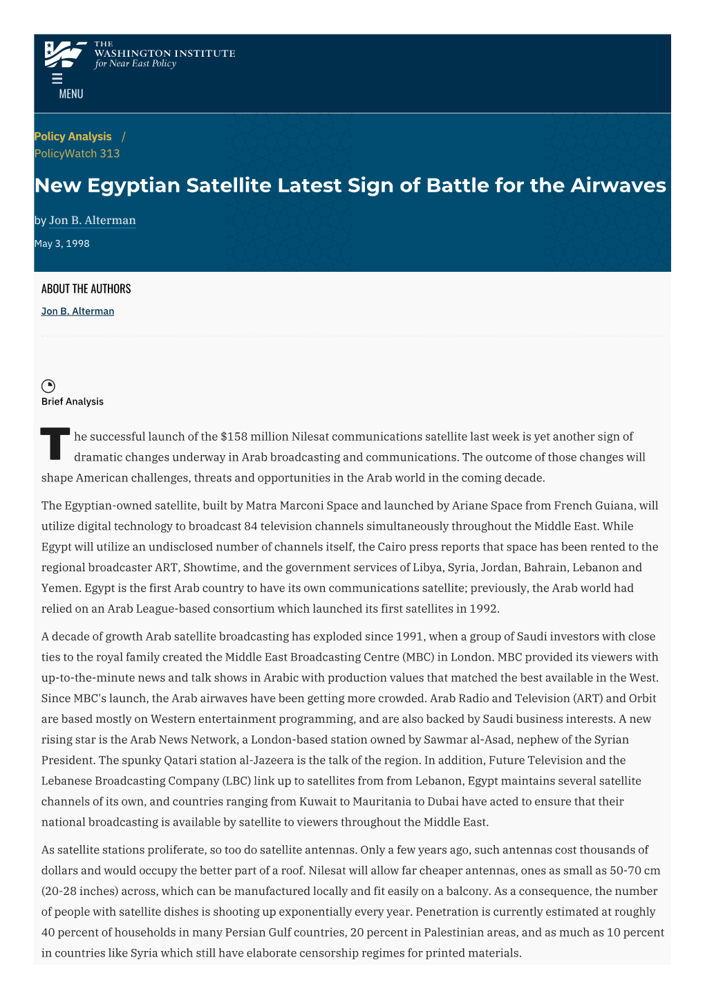 New Egyptian Satellite Latest Sign of Battle for the Airwaves by Jon B