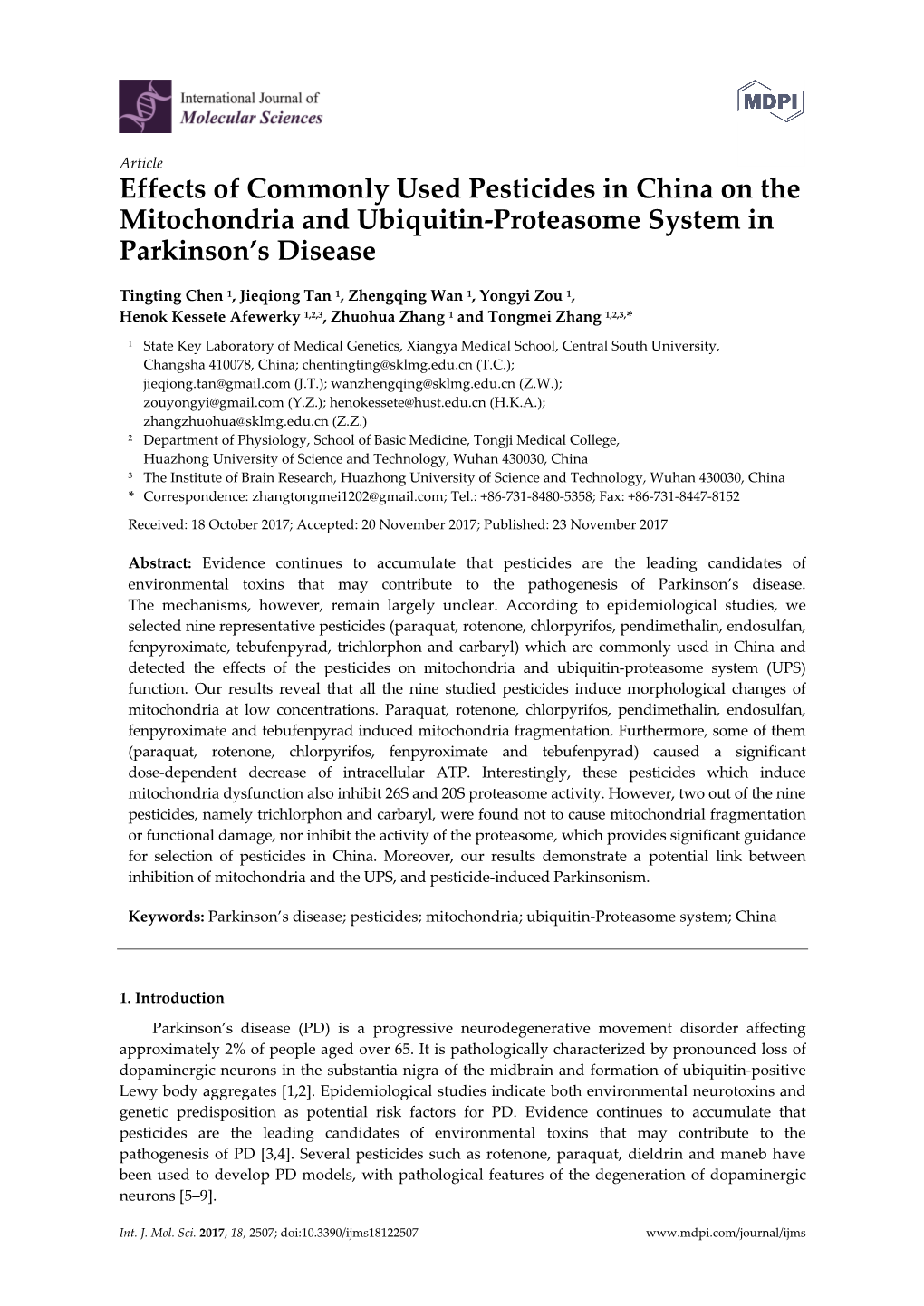 Effects of Commonly Used Pesticides in China on the Mitochondria and Ubiquitin-Proteasome System in Parkinson's Disease