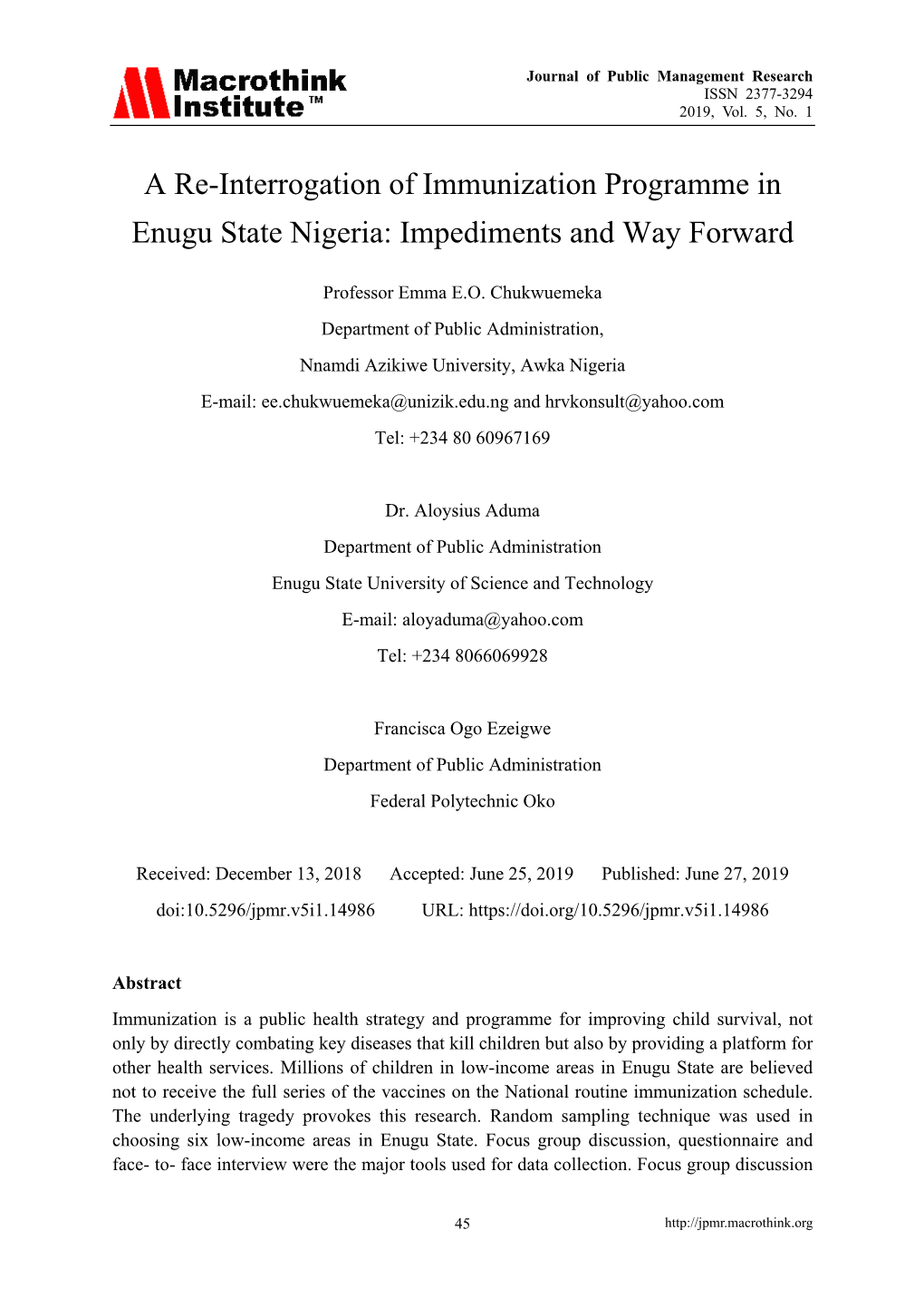 A Re-Interrogation of Immunization Programme in Enugu State Nigeria: Impediments and Way Forward