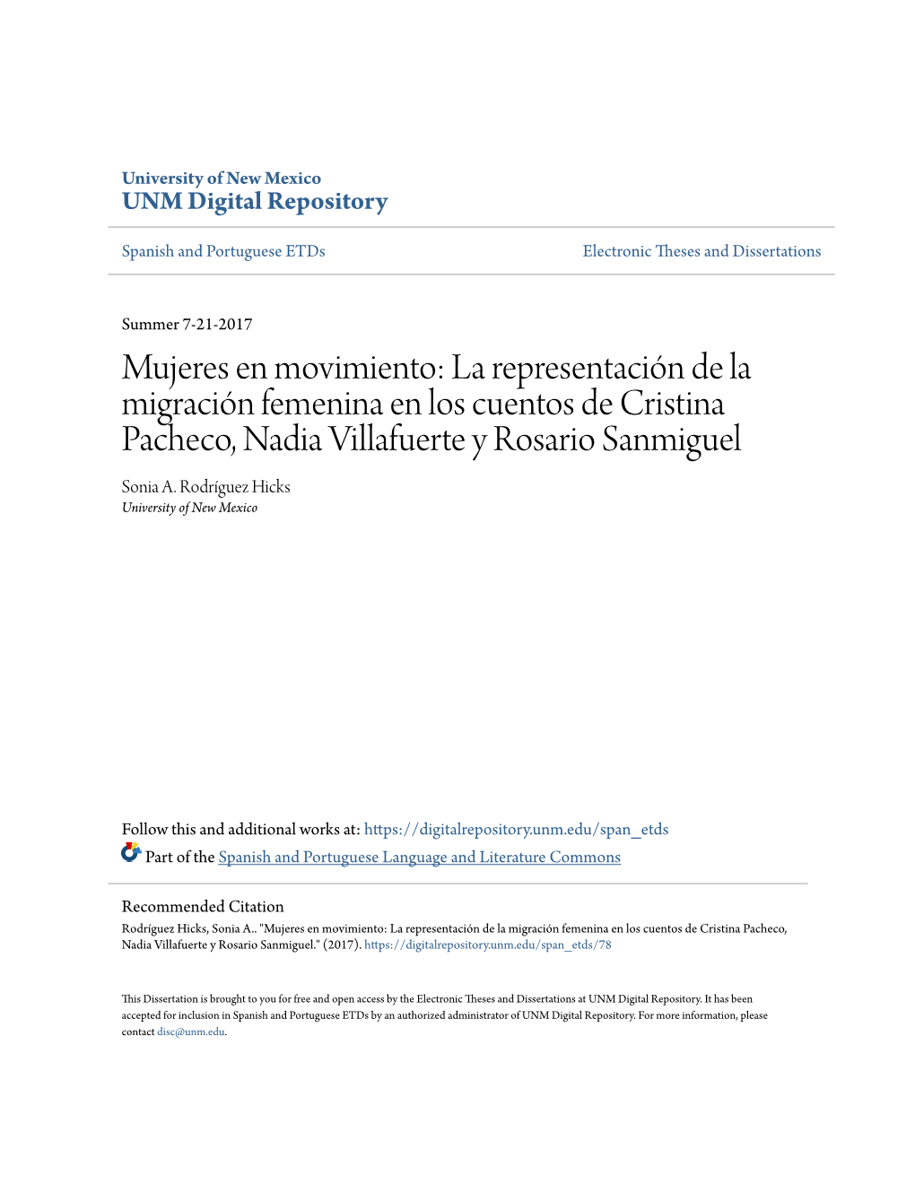 La Representación De La Migración Femenina En Los Cuentos De Cristina Pacheco, Nadia Villafuerte Y Rosario Sanmiguel Sonia A