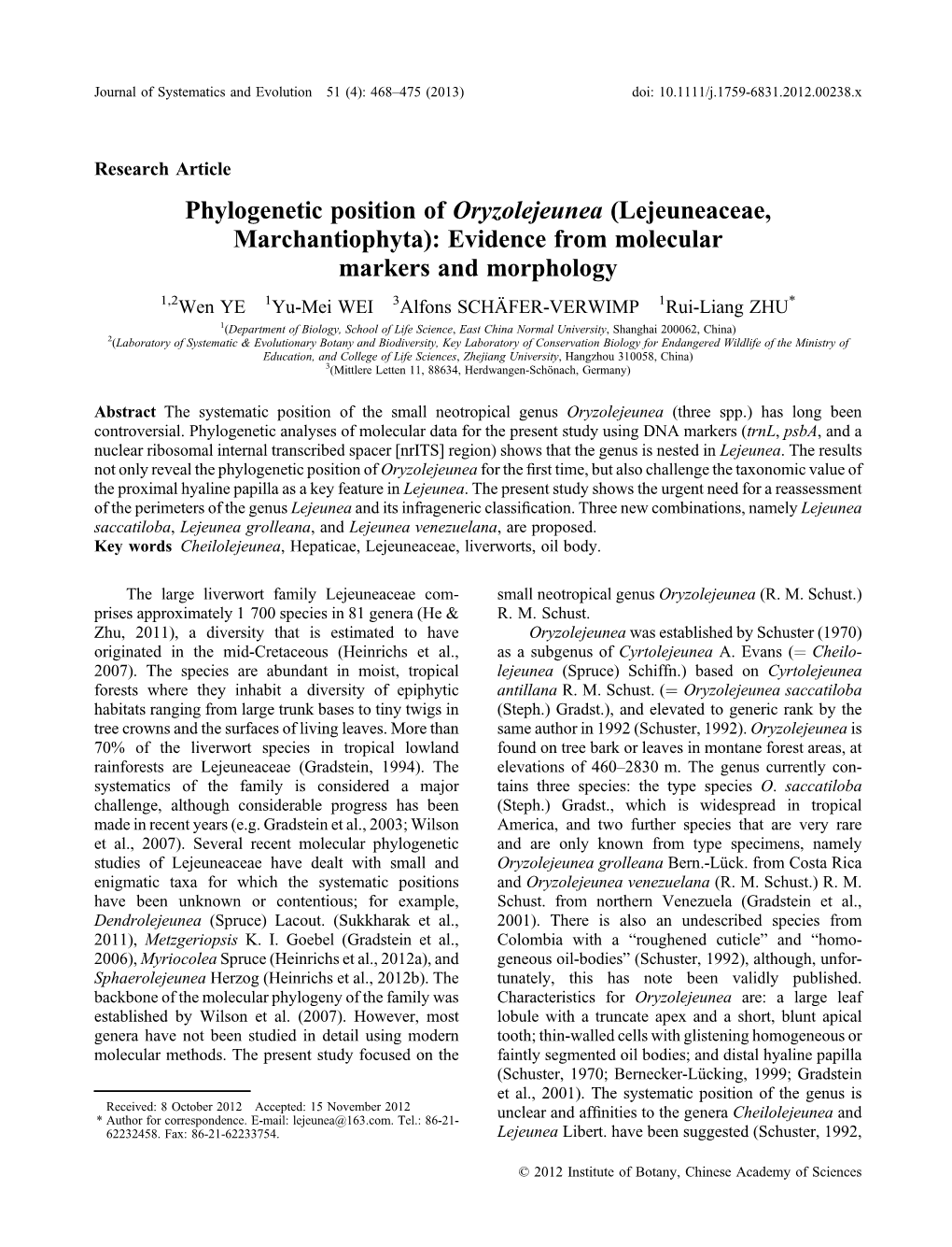 Phylogenetic Position of Oryzolejeunea (Lejeuneaceae, Marchantiophyta): Evidence from Molecular Markers and Morphology