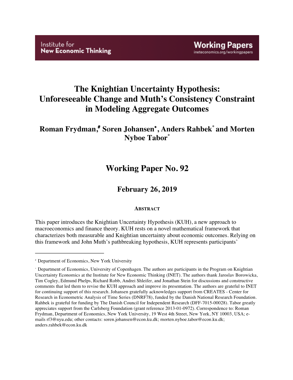 The Knightian Uncertainty Hypothesis: Unforeseeable Change and Muth’S Consistency Constraint in Modeling Aggregate Outcomes