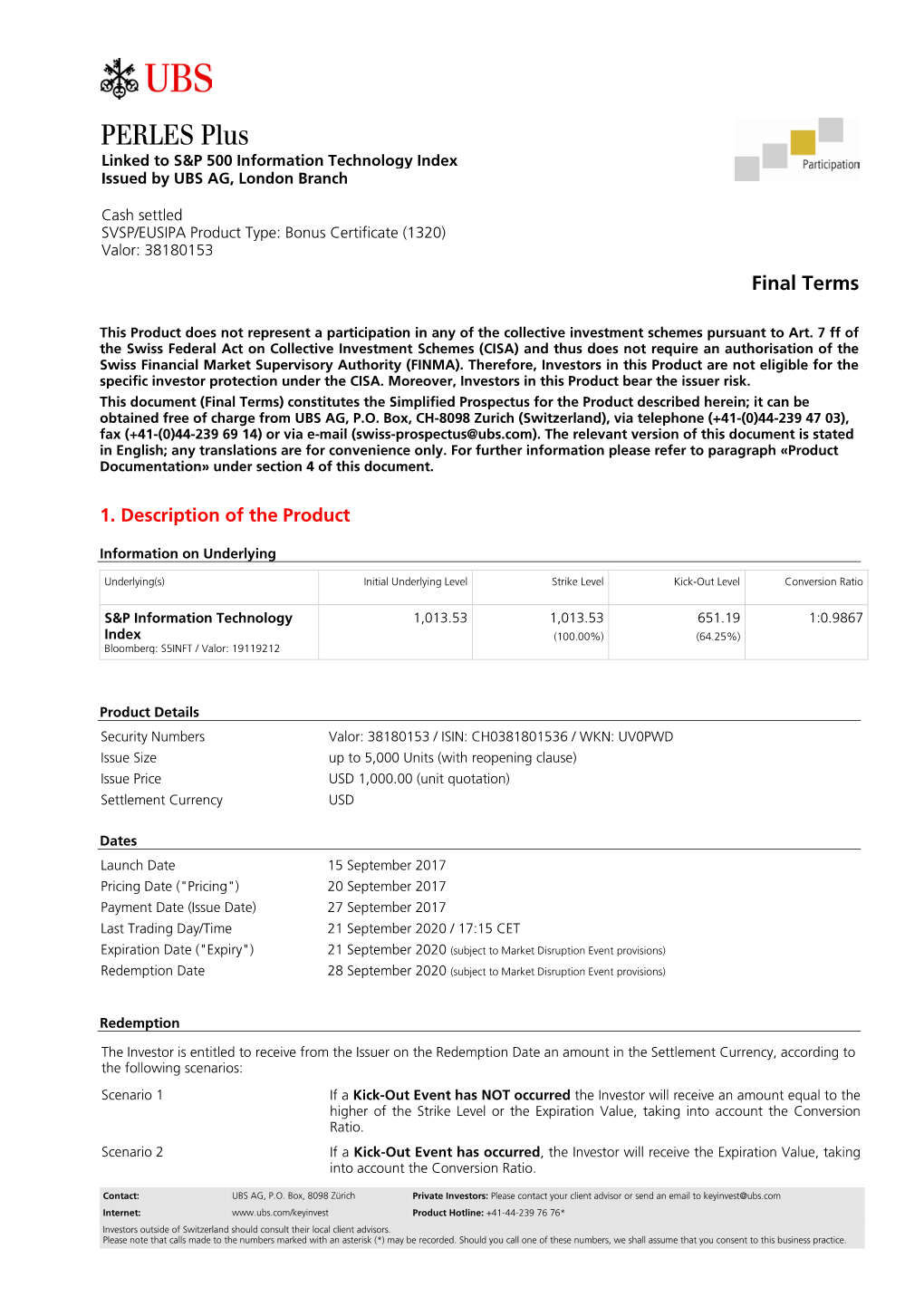 PERLES Plus Linked to S&P 500 Information Technology Index Issued by UBS AG, London Branch