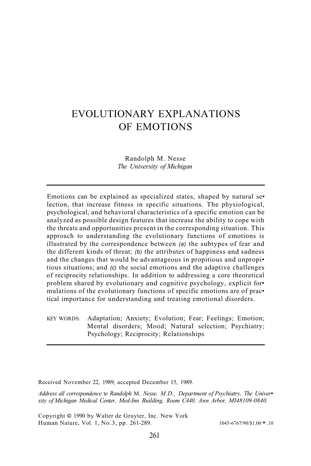 Evolutionary Explanations of Emotions. Human Nature, 1: 261-289, 1990