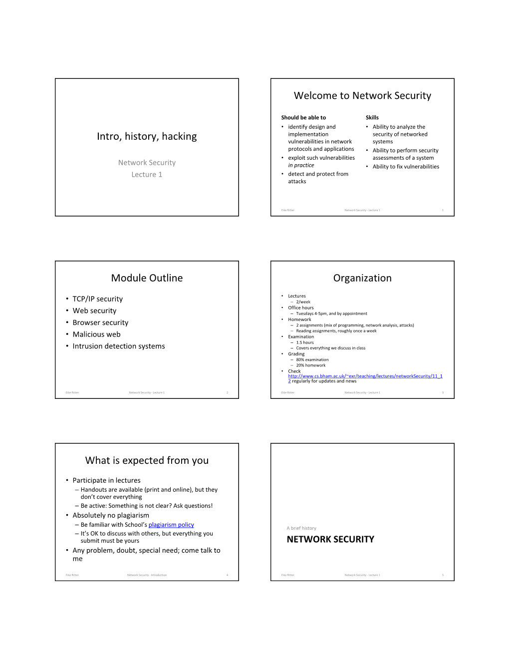 Intro, History, Hacking Welcome to Network Security Module Outline