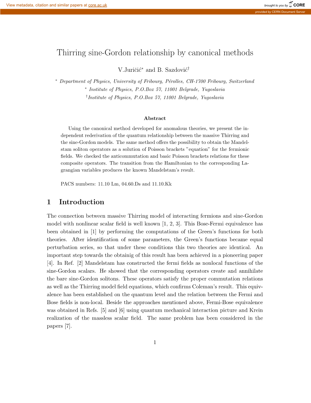 Thirring Sine-Gordon Relationship by Canonical Methods