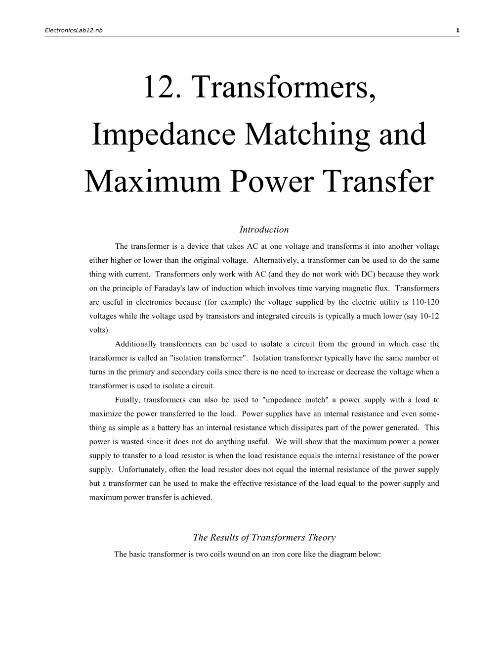 12. Transformers, Impedance Matching and Maximum Power Transfer