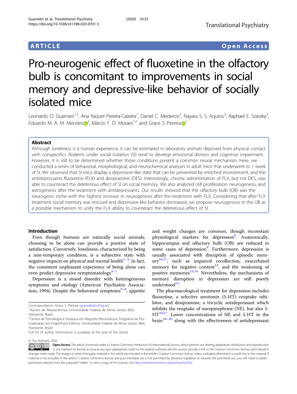 Pro-Neurogenic Effect of Fluoxetine in the Olfactory Bulb Is Concomitant To