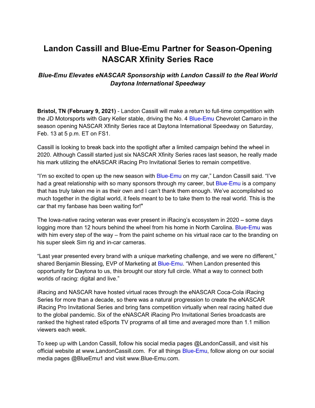 Landon Cassill and Blue-Emu Partner for Season-Opening NASCAR Xfinity Series Race