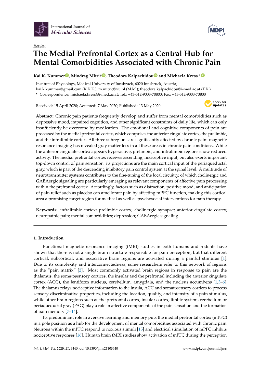 The Medial Prefrontal Cortex As a Central Hub for Mental Comorbidities Associated with Chronic Pain