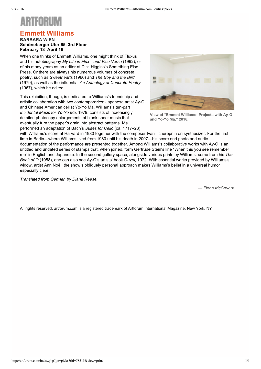 Emmett Williams - Artforum.Com / Critics' Picks