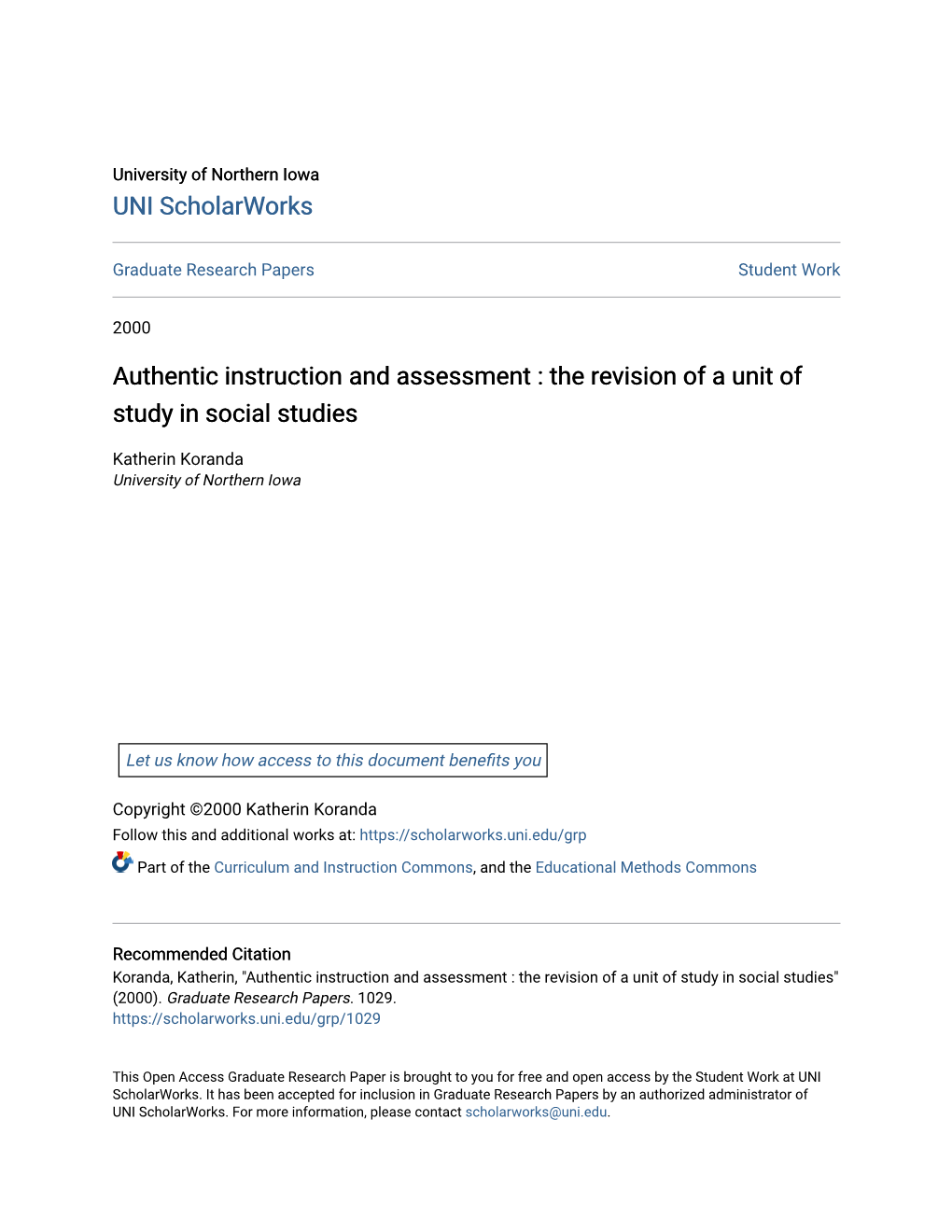 Authentic Instruction and Assessment : the Revision of a Unit of Study in Social Studies