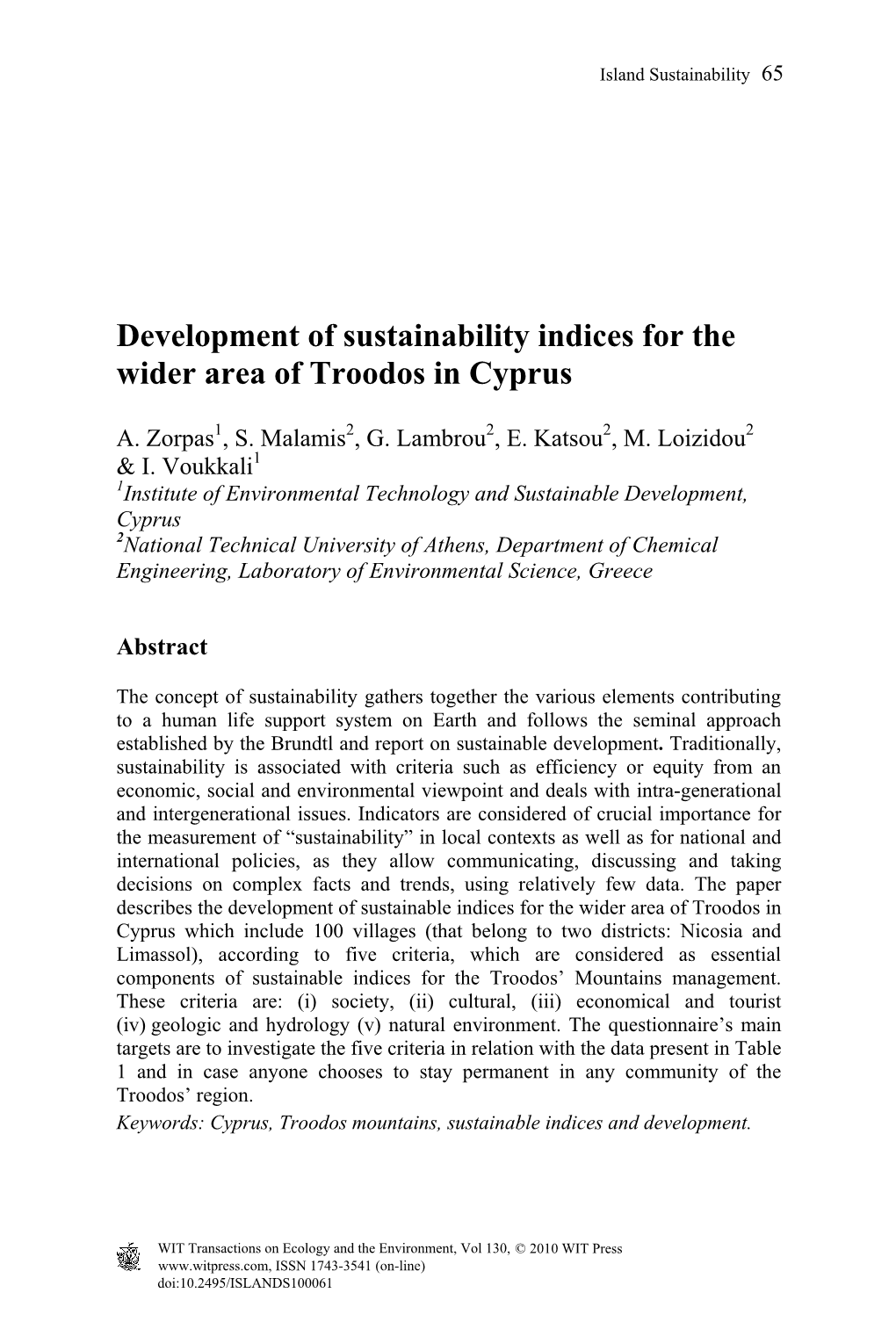 Development of Sustainability Indices for the Wider Area of Troodos in Cyprus