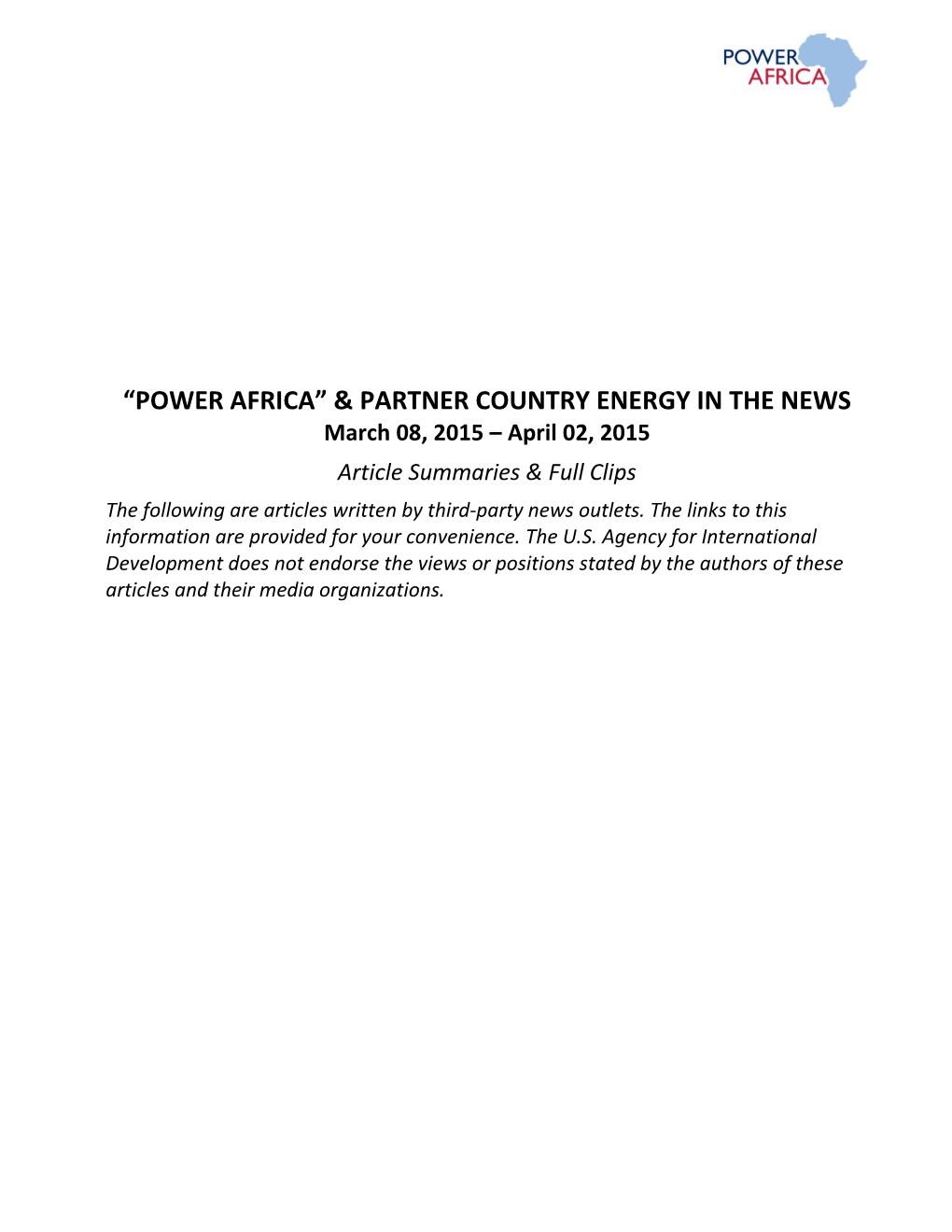 PARTNER COUNTRY ENERGY in the NEWS March 08, 2015 – April 02, 2015 Article Summaries & Full Clips the Following Are Articles Written by Third-Party News Outlets